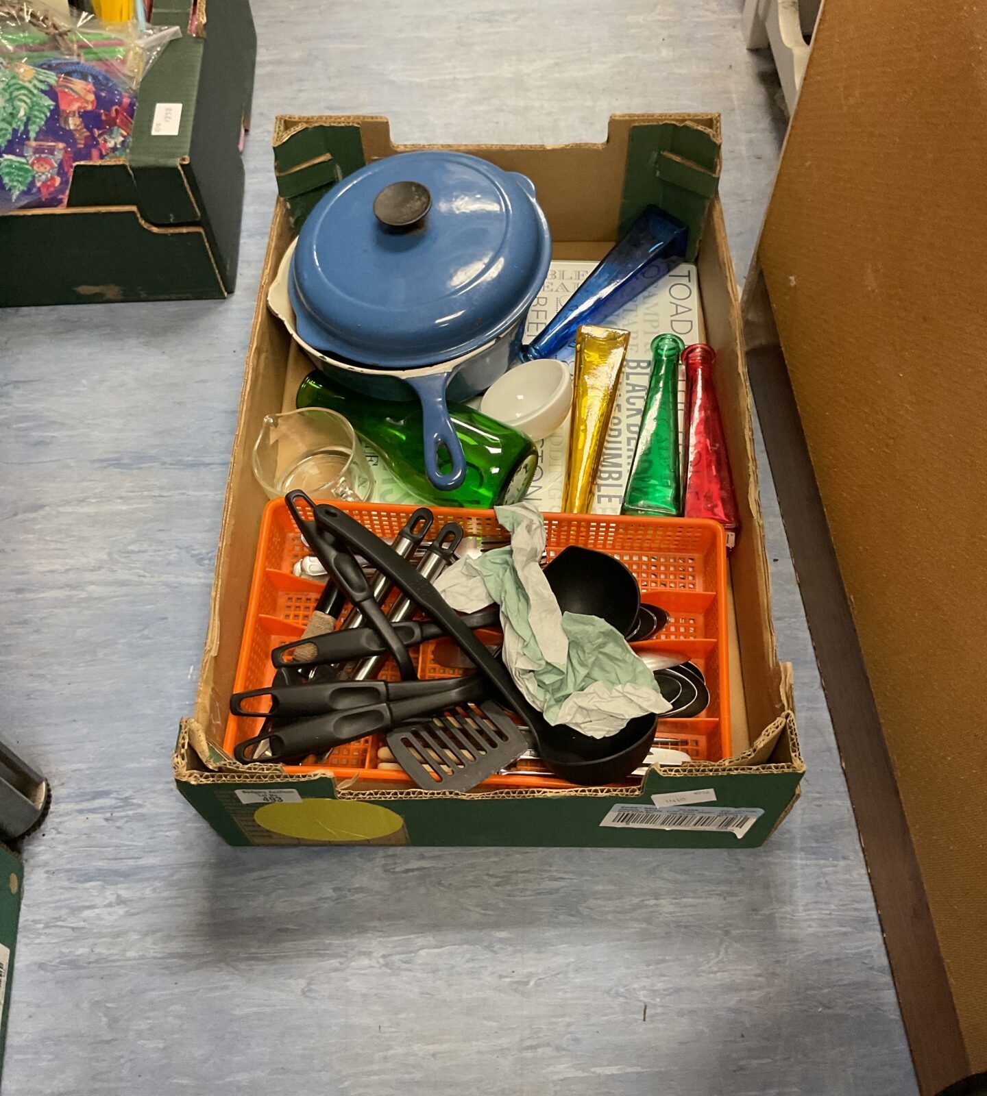 Box of mixed inc Le crueset pan, glassware and kitchen utensils