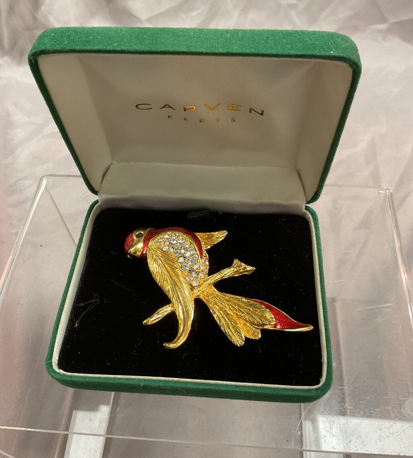 Carven Paris Enamel and white stone bird brooch