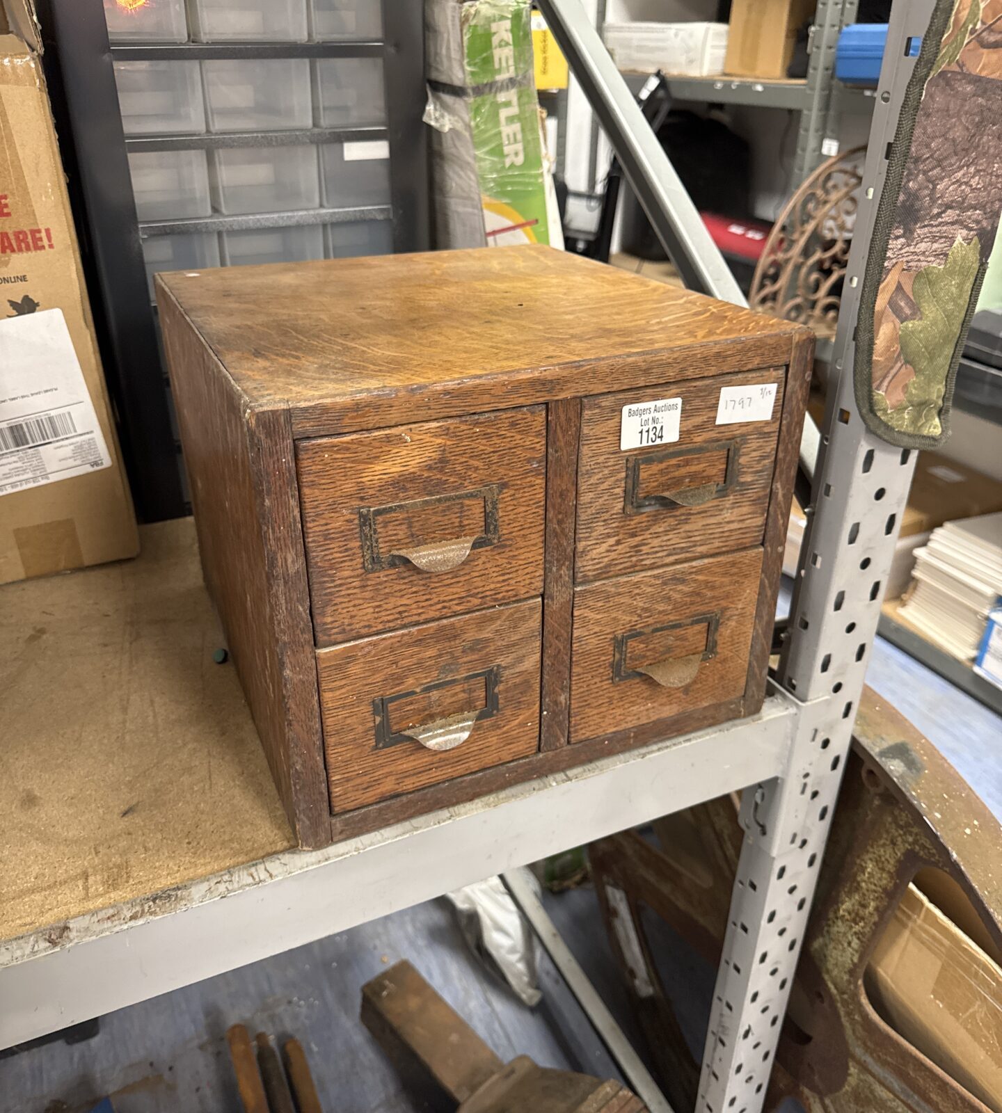 Vintage wooden filing four drawer unit 13” width x 14” length x 10.5” height