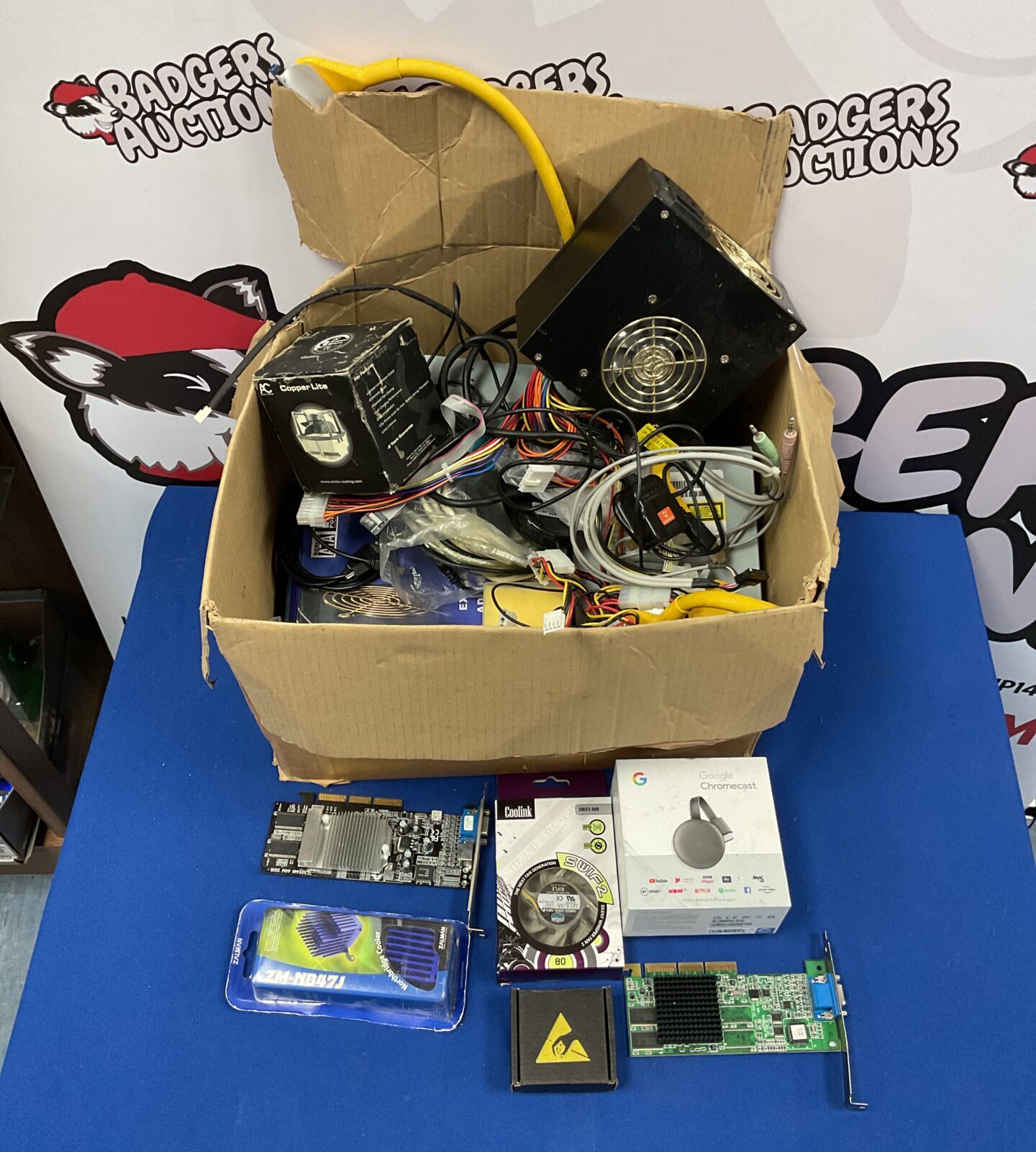 Box of retro computer parts including power supplies & video cards