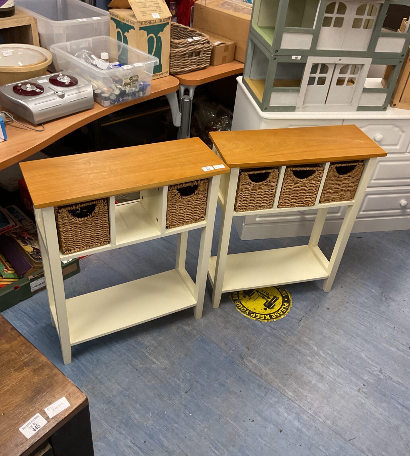 Two storage tables with basket draws