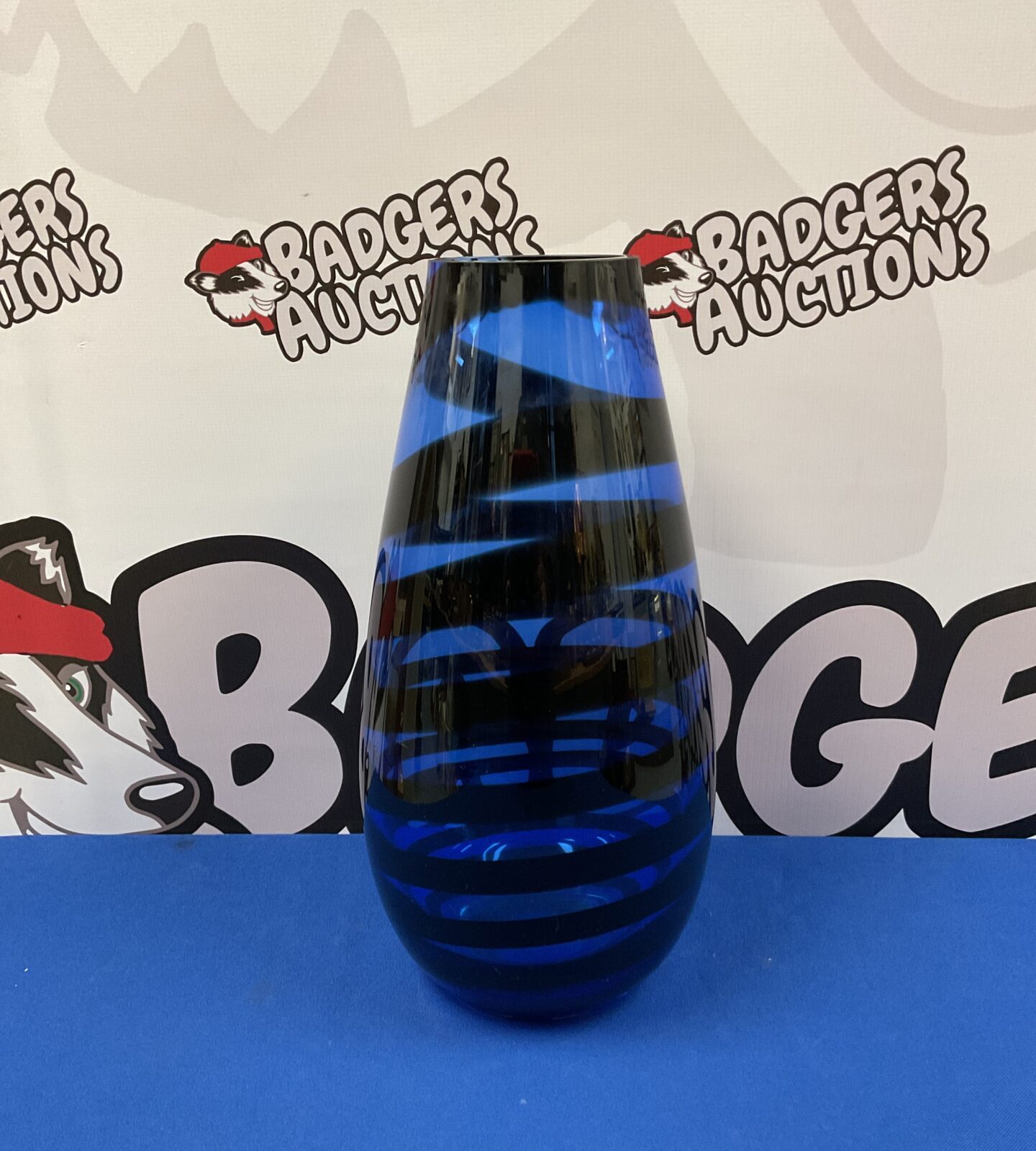 Large 15” blue & black striped art glass vase