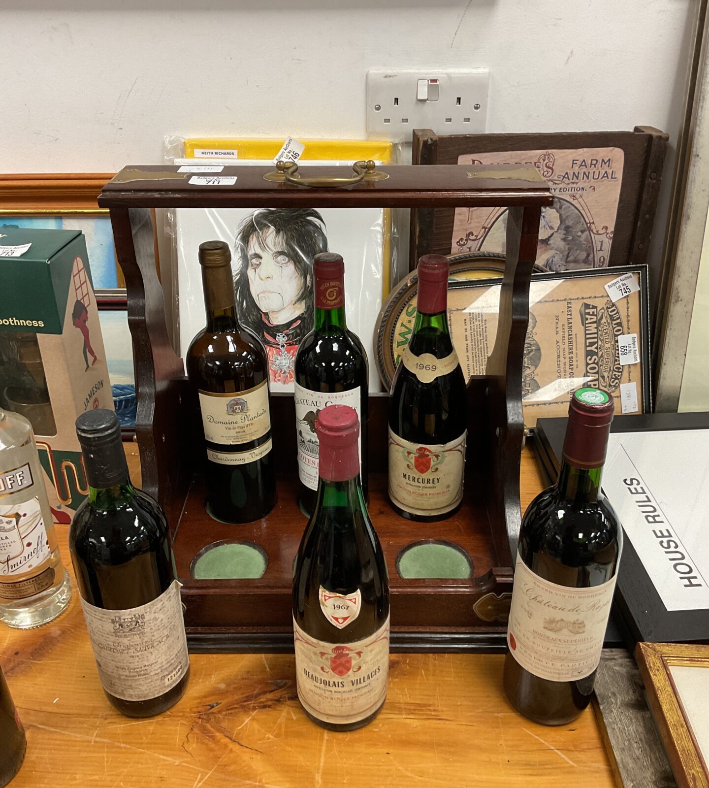 Tantalus with six bottles of wine including 1969 bottle of mercurey & chateau cagnas