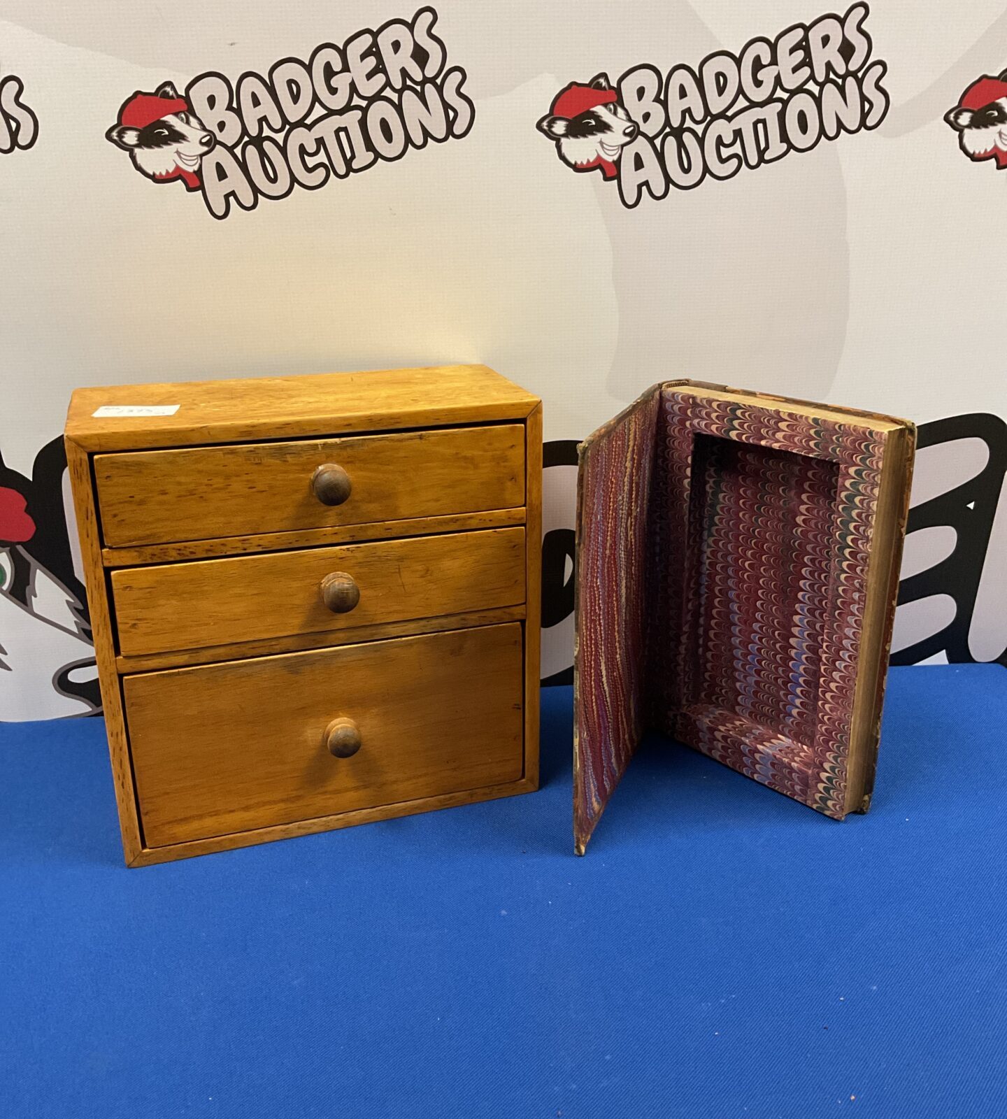 Small set of oak stationary drawers & stash book