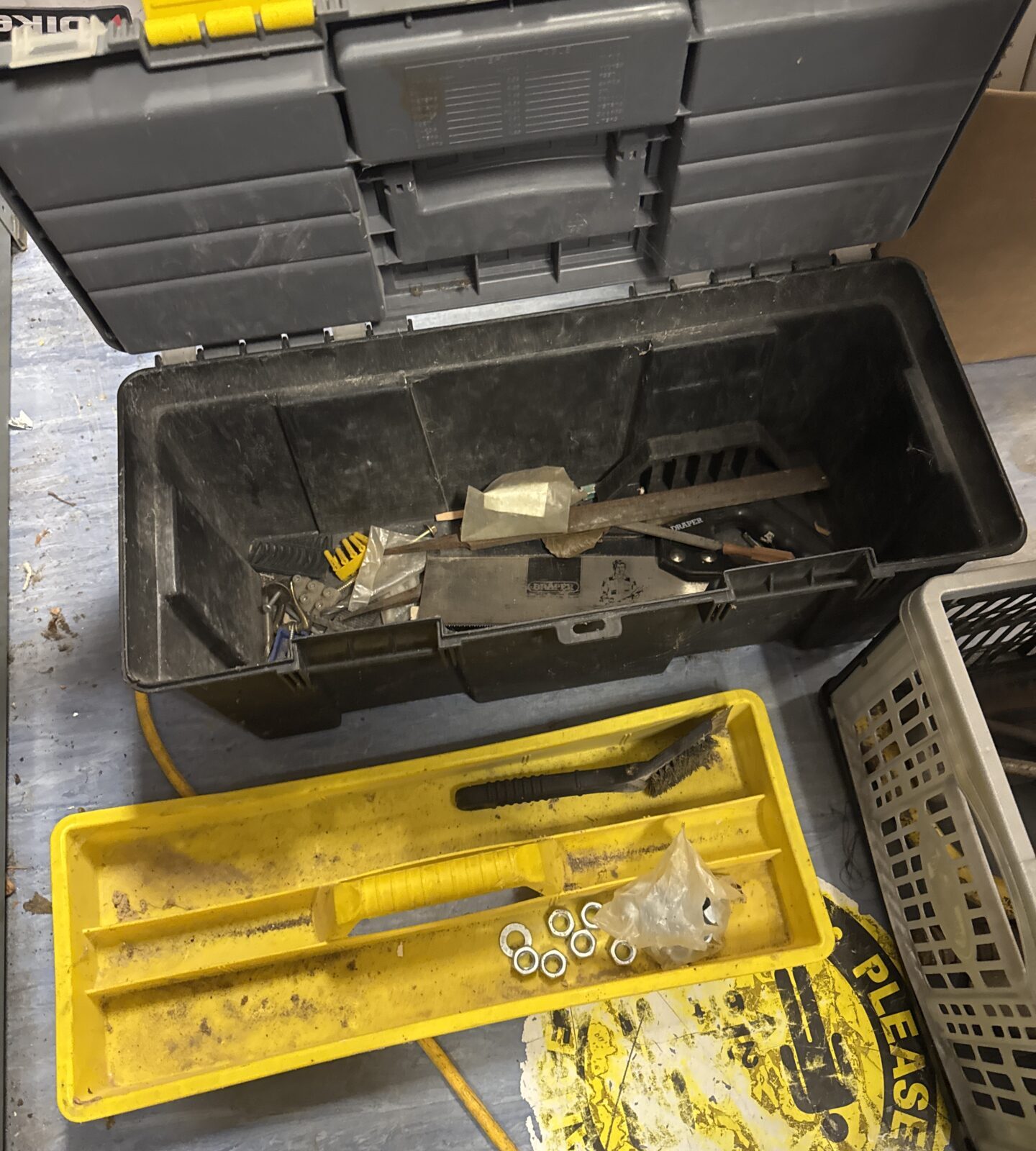 Large plastic toolbox with contents 22” length