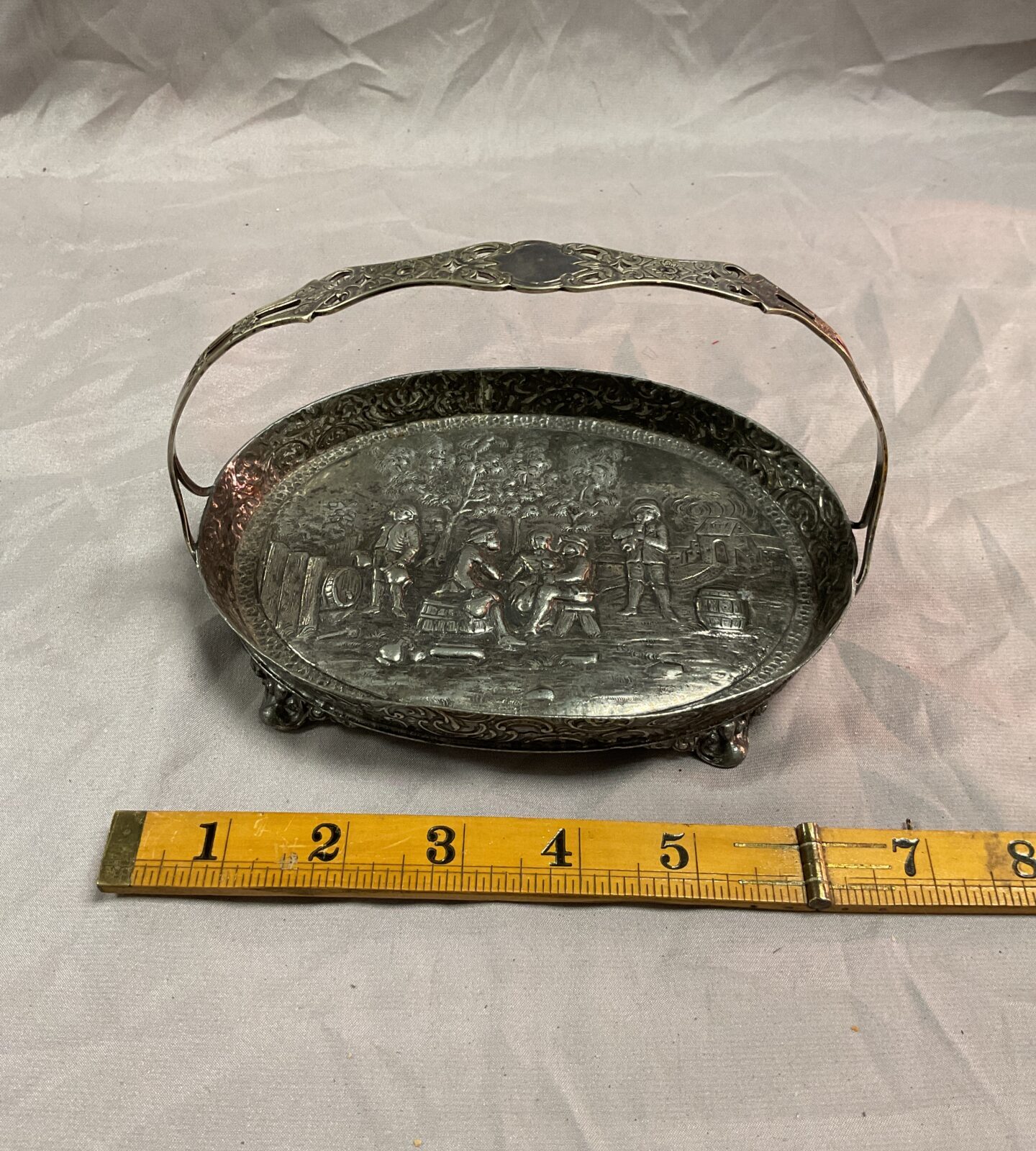 Silverplate repousse scene oval tray with handle