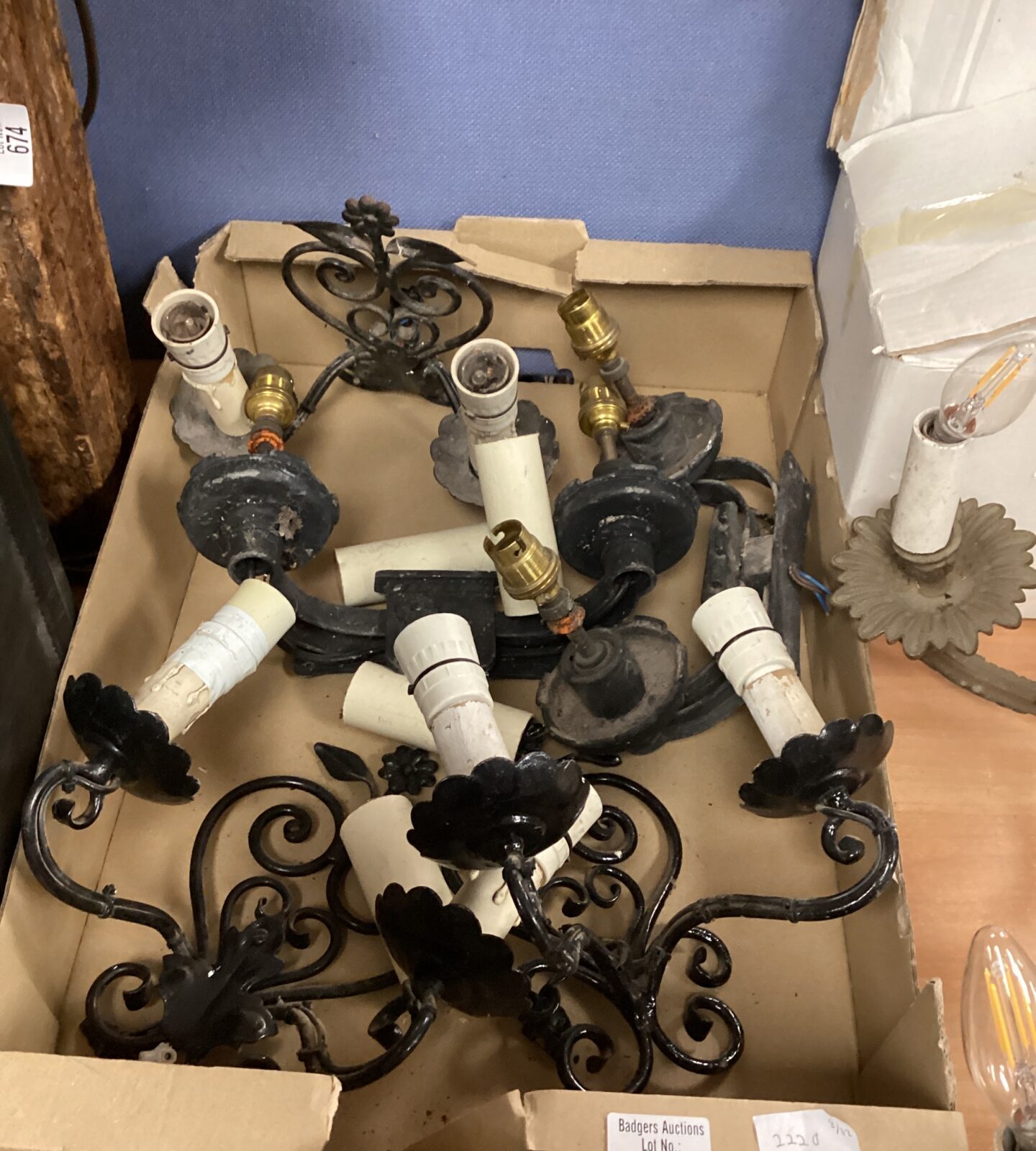 Box of vintage metal wall lights