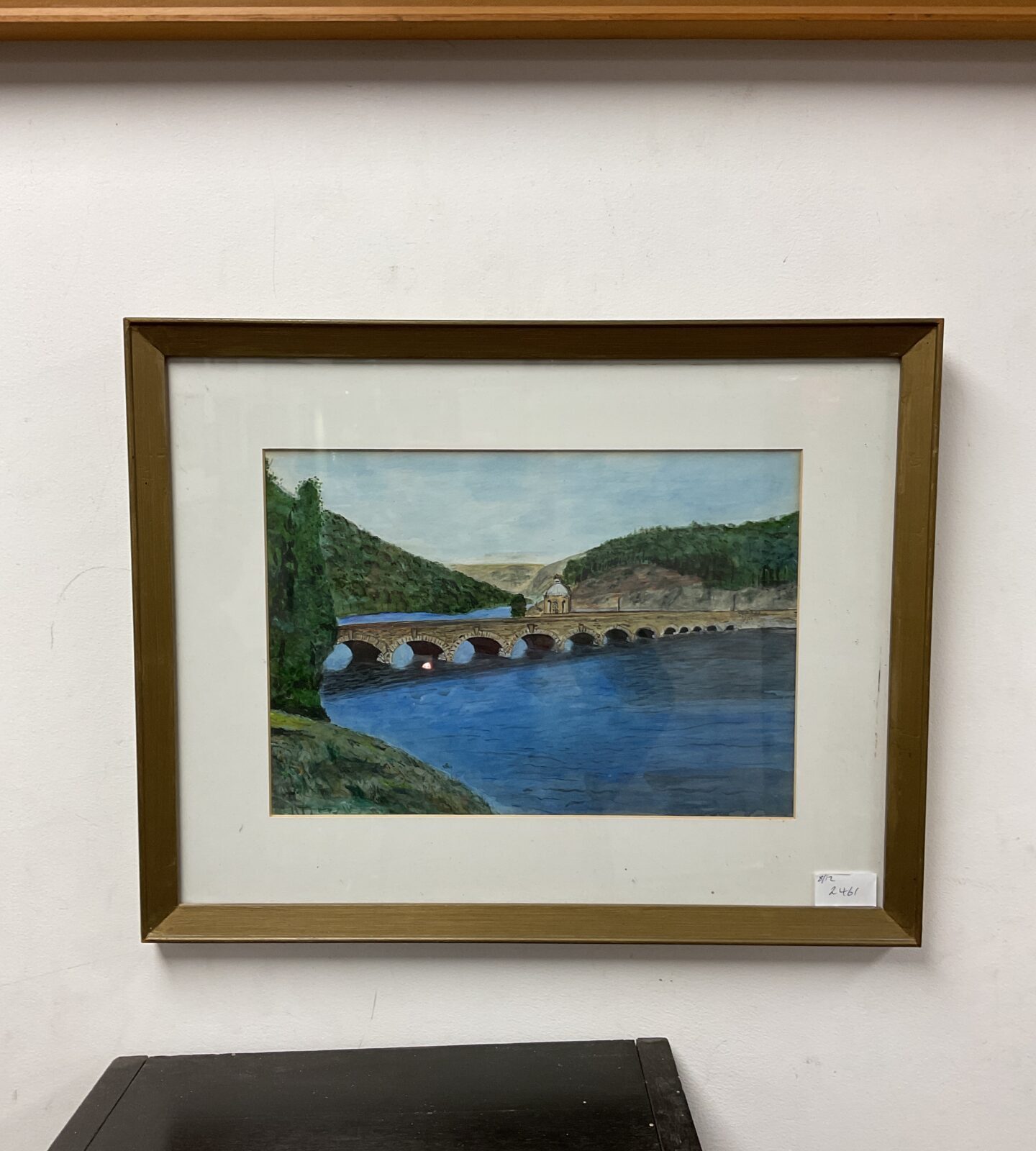 Framed watercolour artwork of a bridge over a reservoir