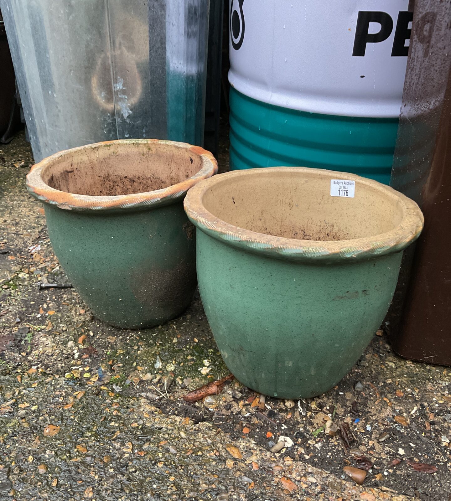 Pair of green glazed garden plant pots