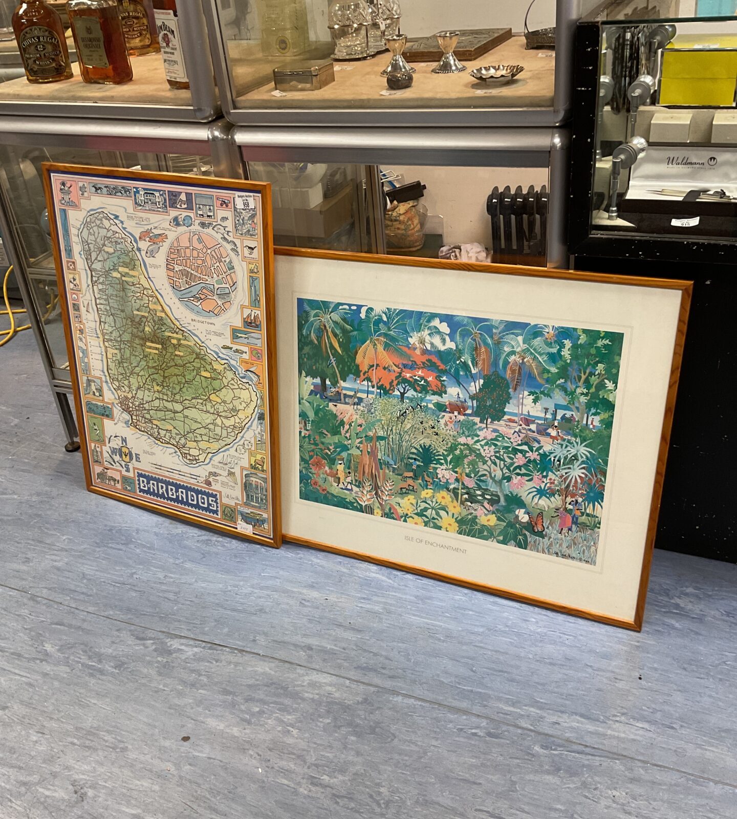 two framed  prints map of barbados and isle of enchantment signed jill walker