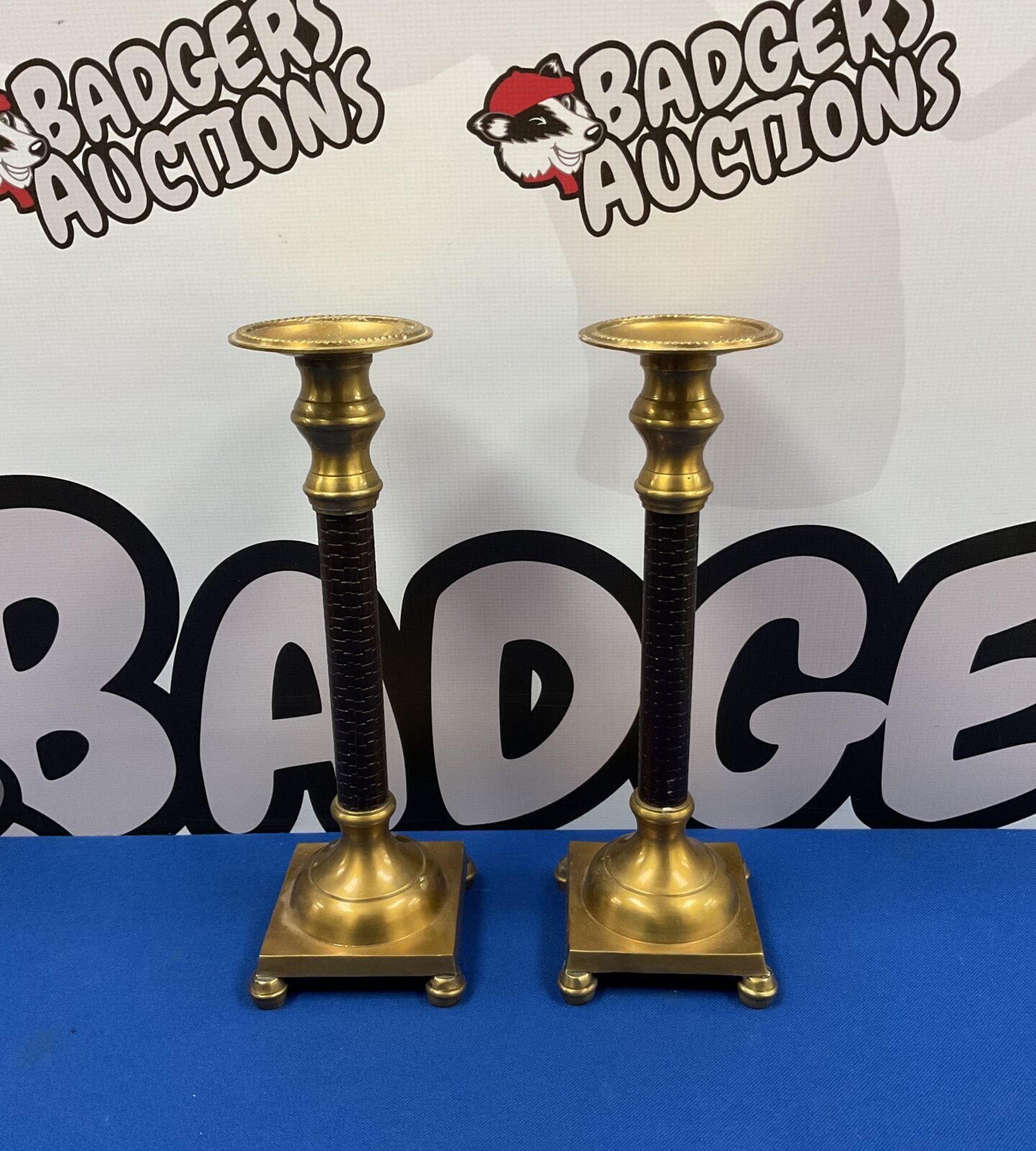 Pair of 11.5” brass & leather candlesticks