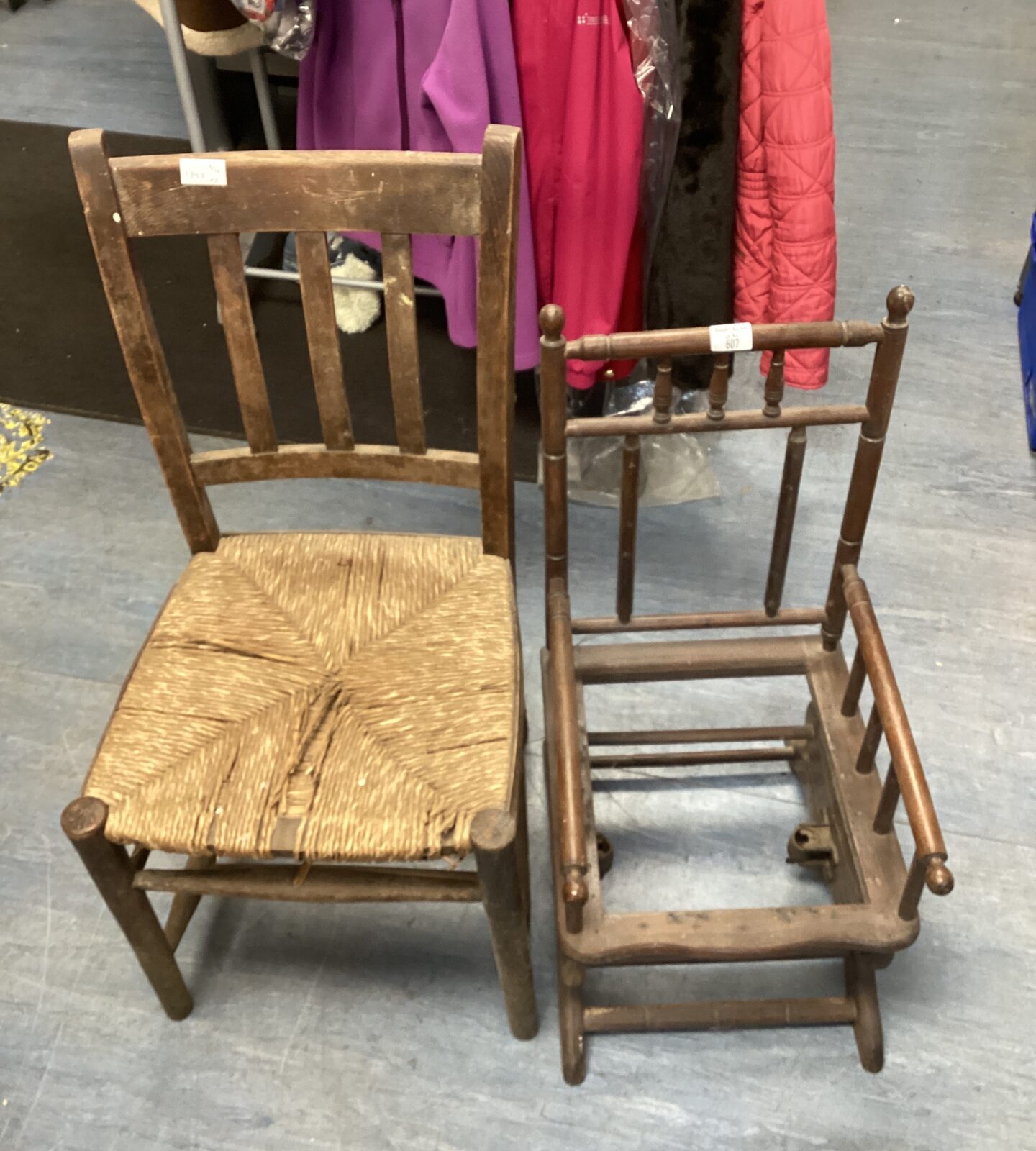 Antique childs rocking chair missing seat with antique woven seated chair