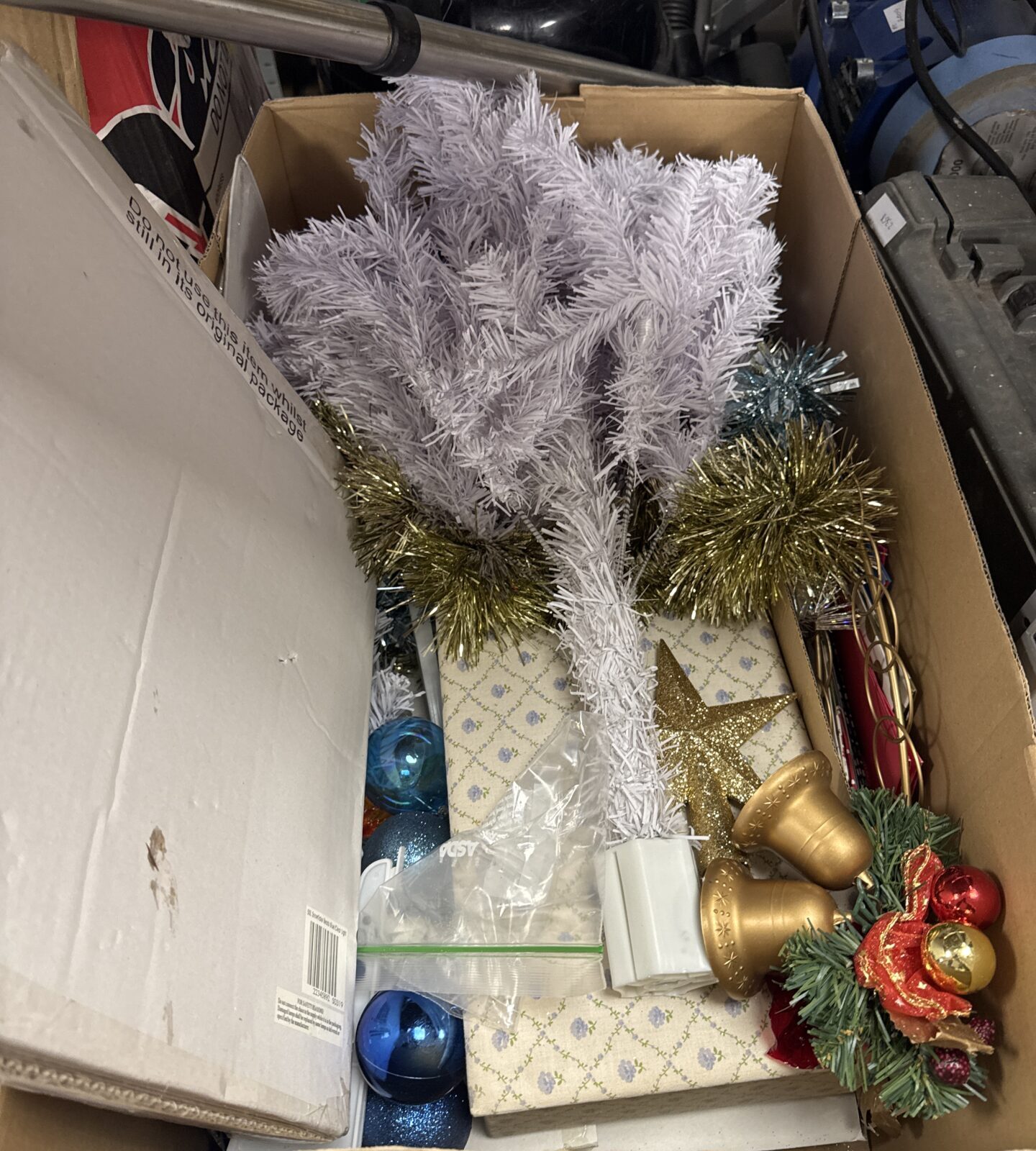 Box of Christmas decorative items