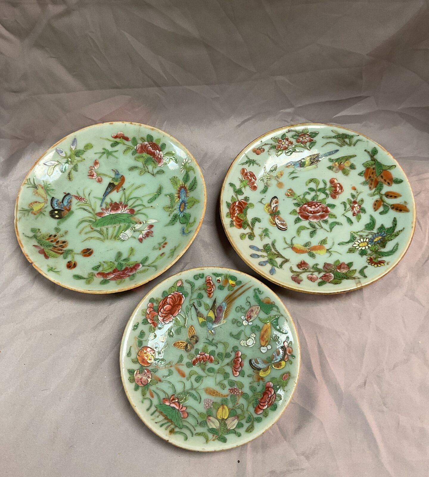 Three antique Chinese export celadon famille rose plates