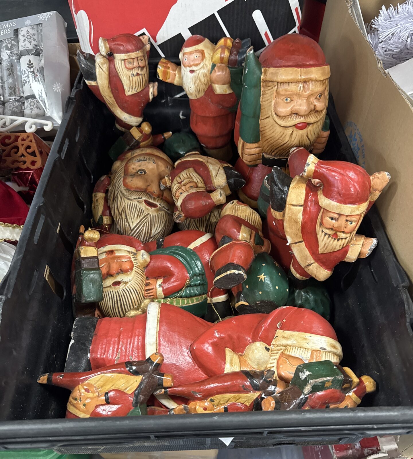 Tray of vintage carved wooden Christmas gnomes