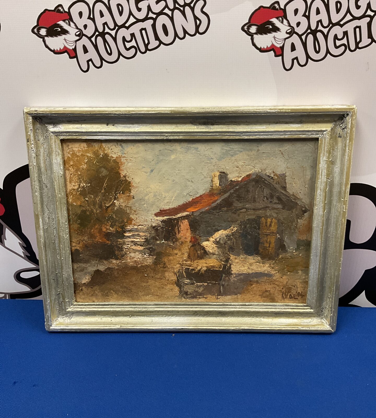 Oil on board of a farm building with horse & cart signed ival