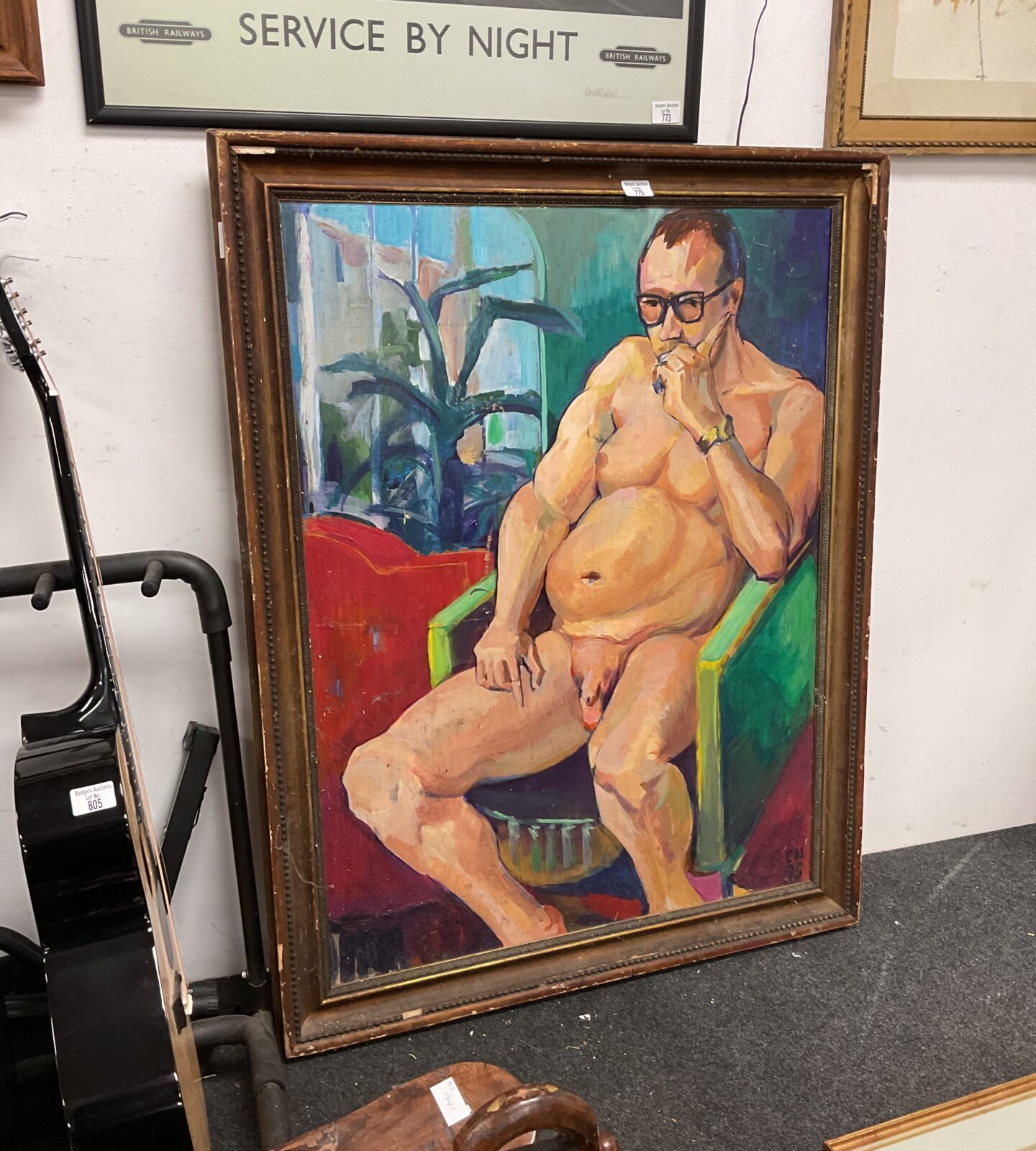 Large oil painting of a nude man signed cn 95