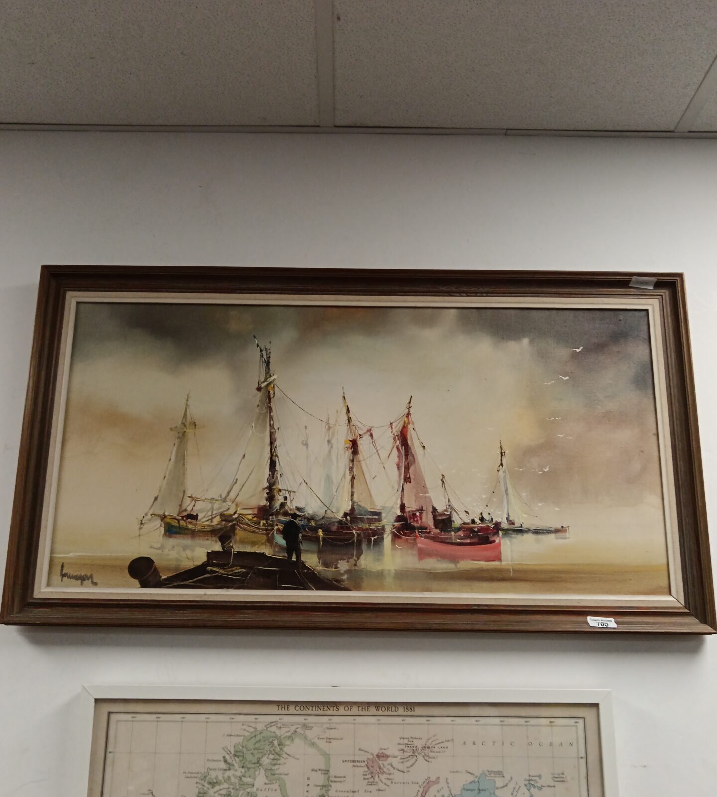 Large signed oil painting of sail boats in dock