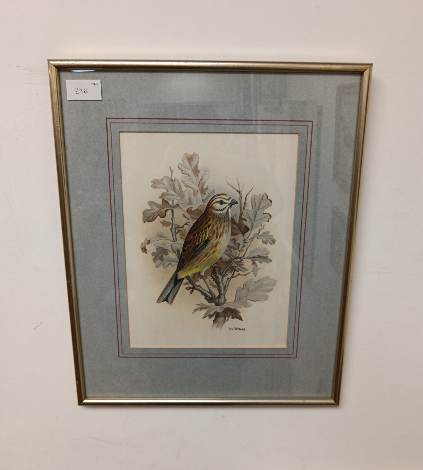 Don Vaughan framed watercolour of a yellow bunting bird