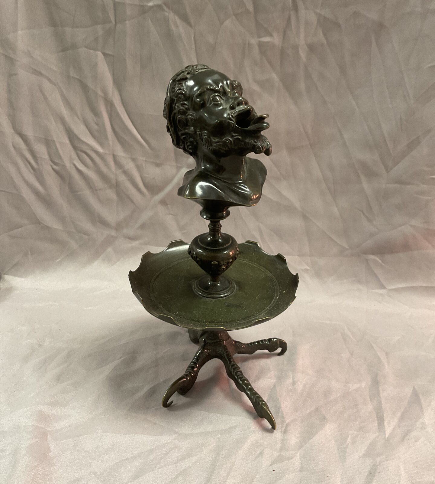 Antique bronze Georgian 9” satyr oil lamp with eagle talons base