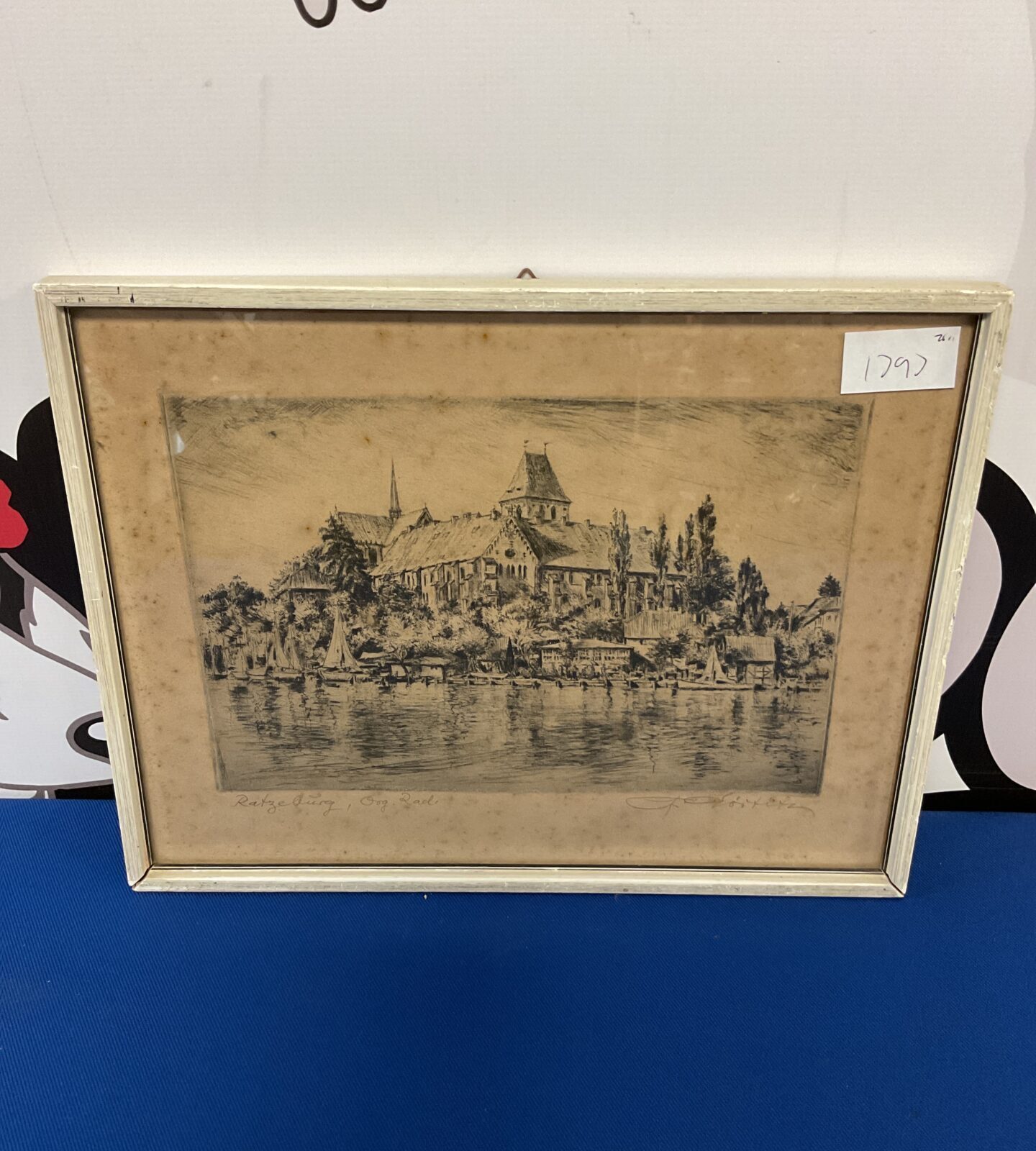 Antique signed woodblock print of ratzeburg castle