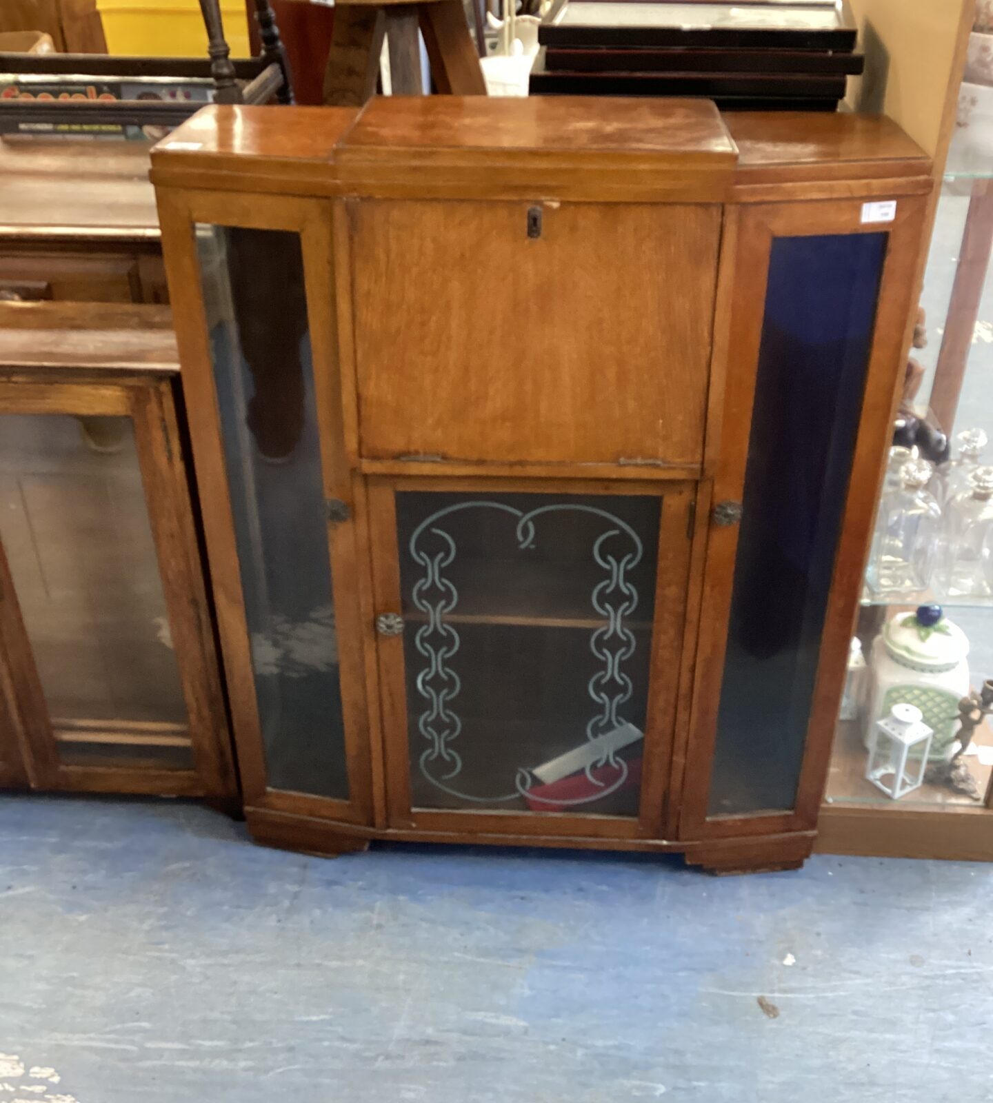 Art Deco Glass Fronted oak display case writing desk44”x36”x 14