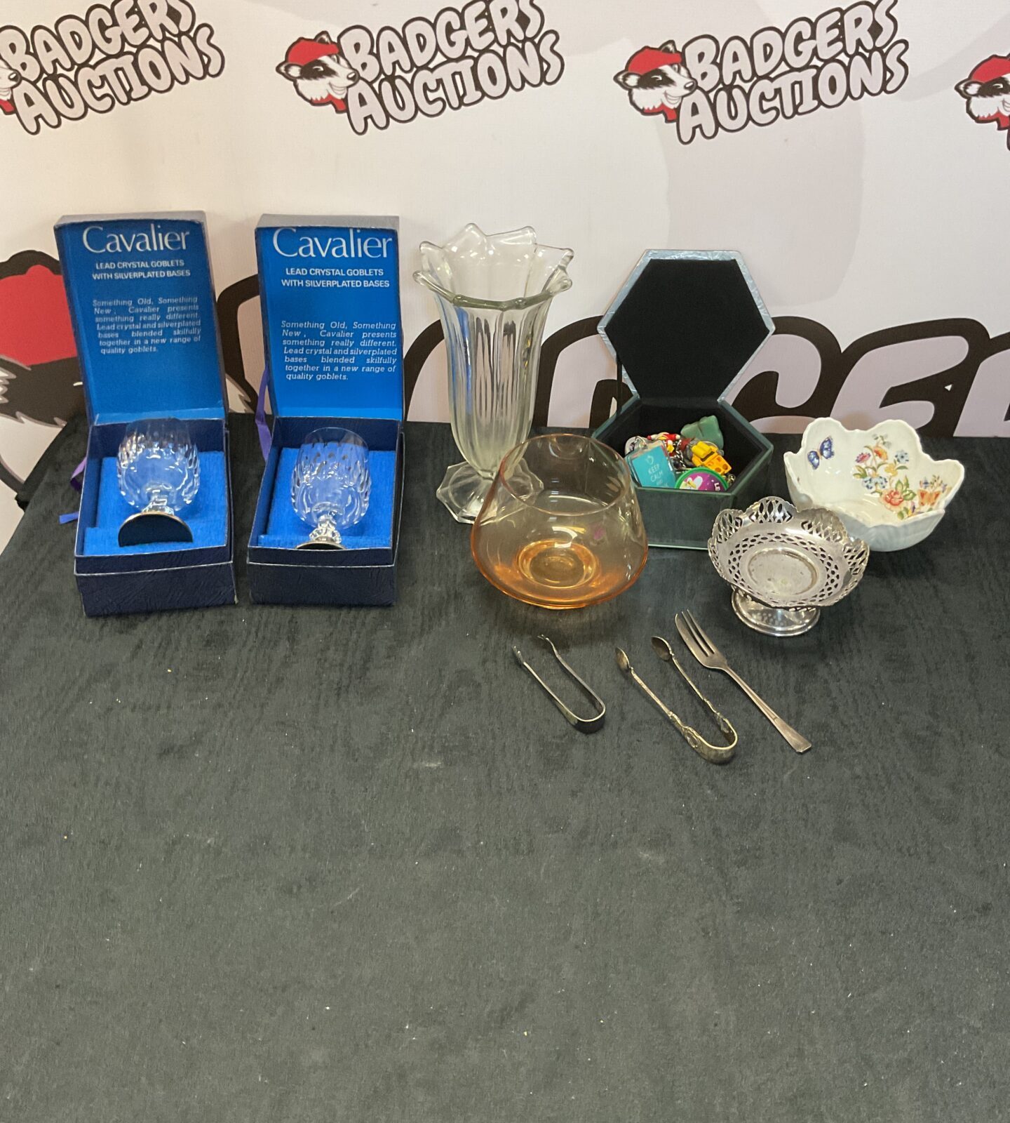 Box if mixed inc silverplate, glassware and cavalier lead crystal goblets