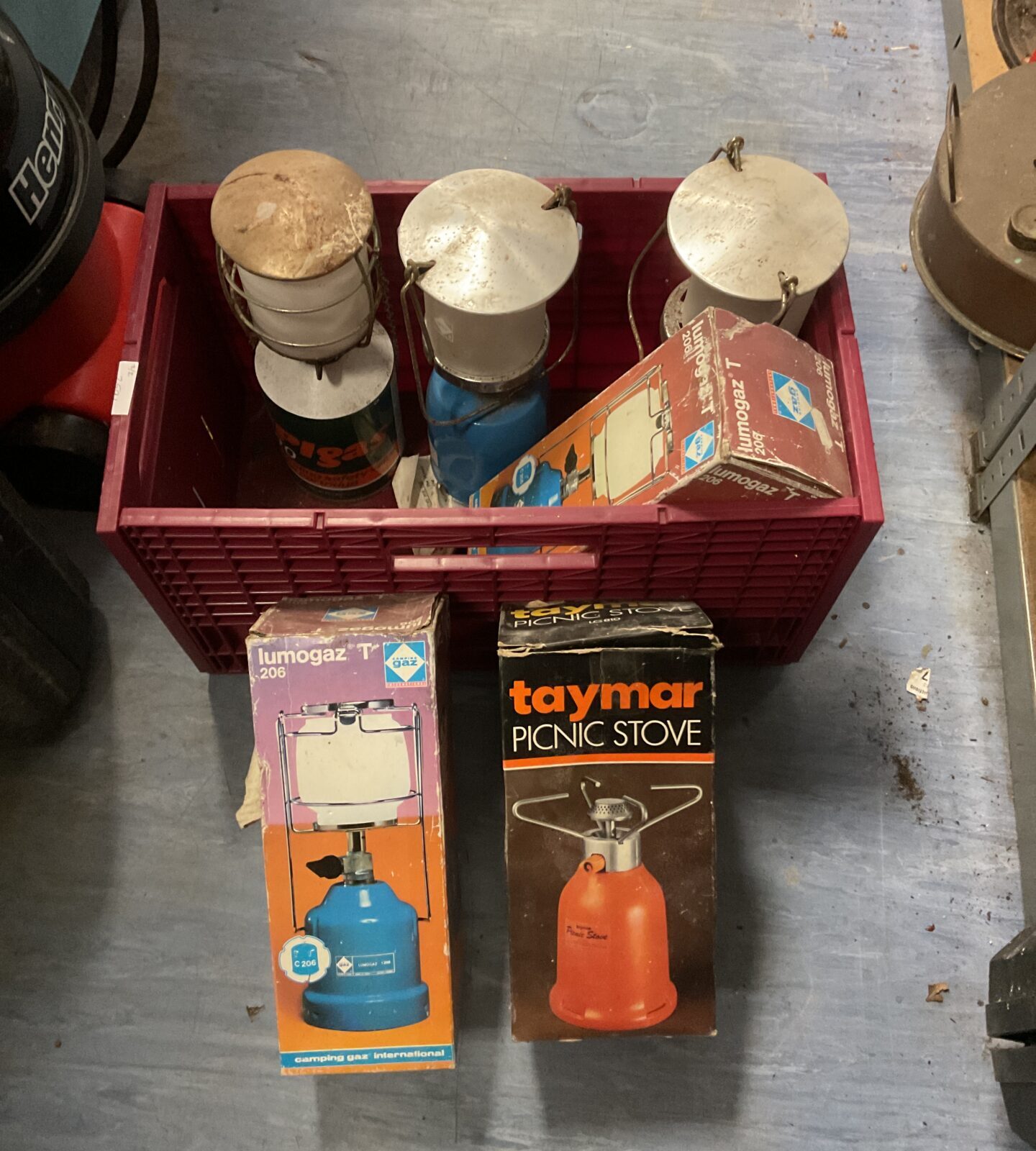 Box of camping gas stoves & lanterns