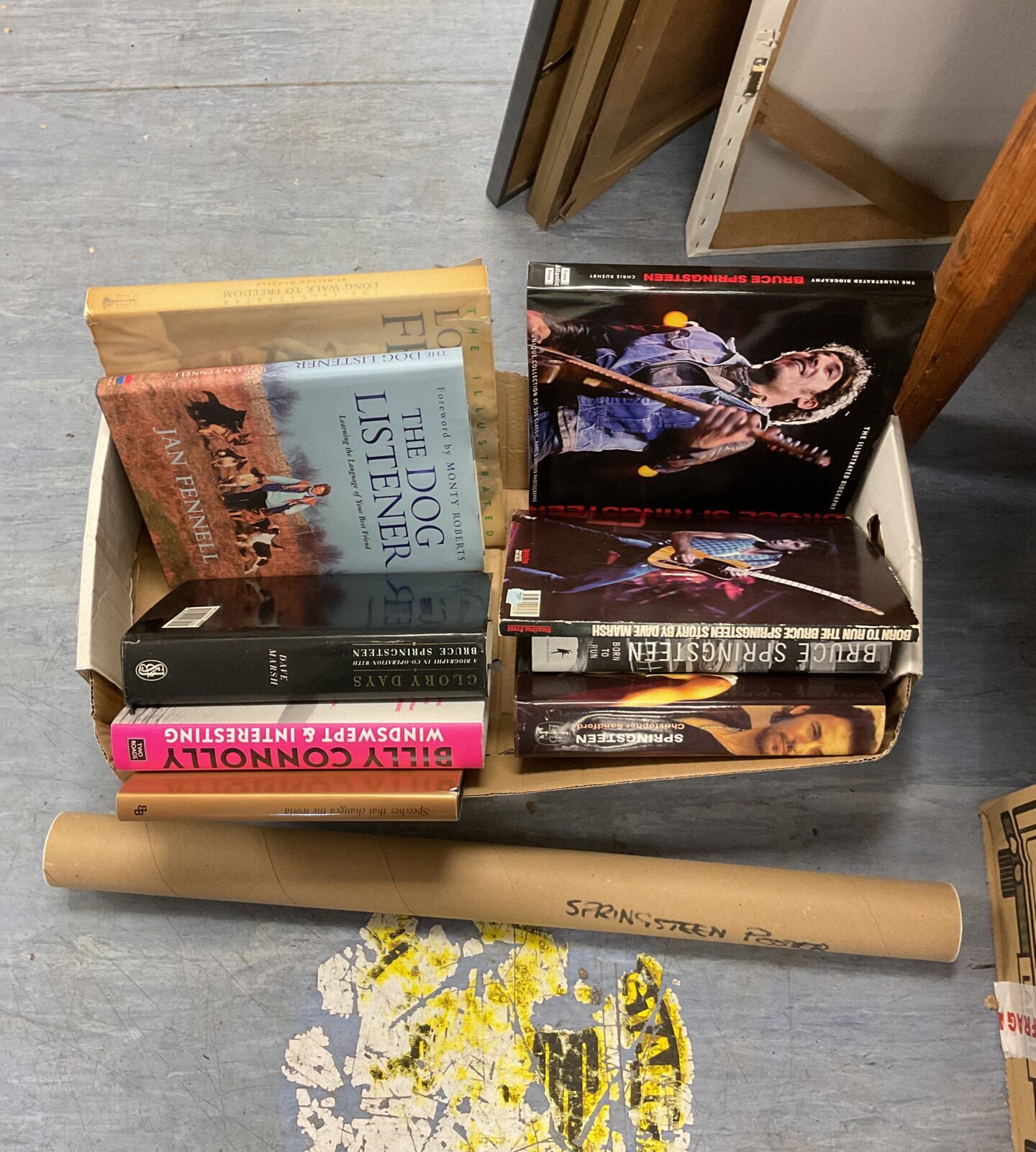 Box of mixed books including bruce springsteen books & poster