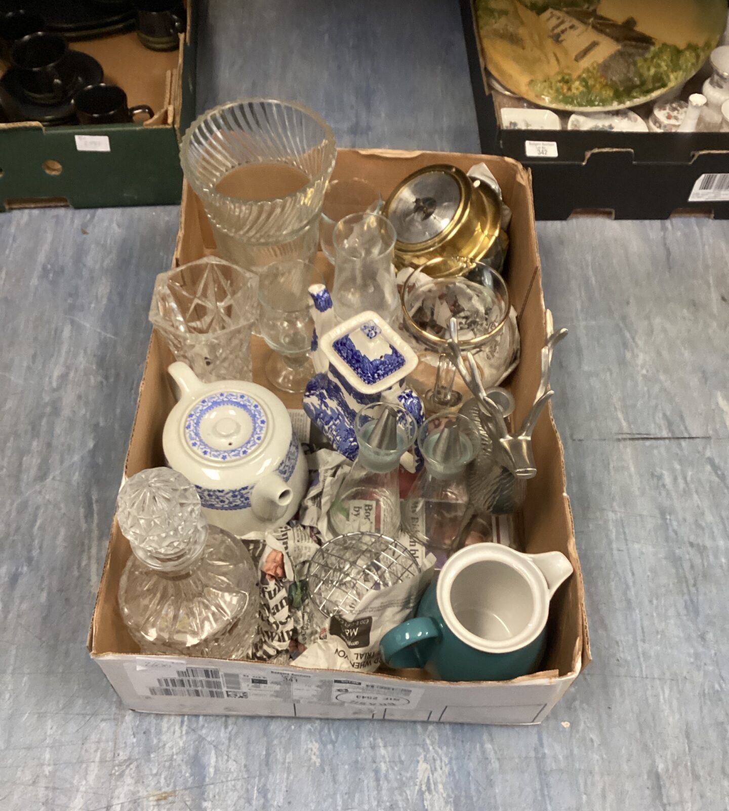 Box of mixed items inc brass barometer