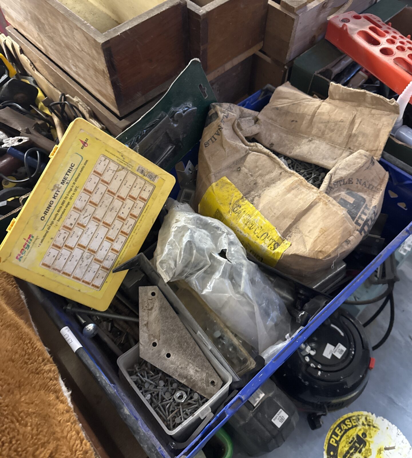 Box of shed clearance items inc nails & o ring set