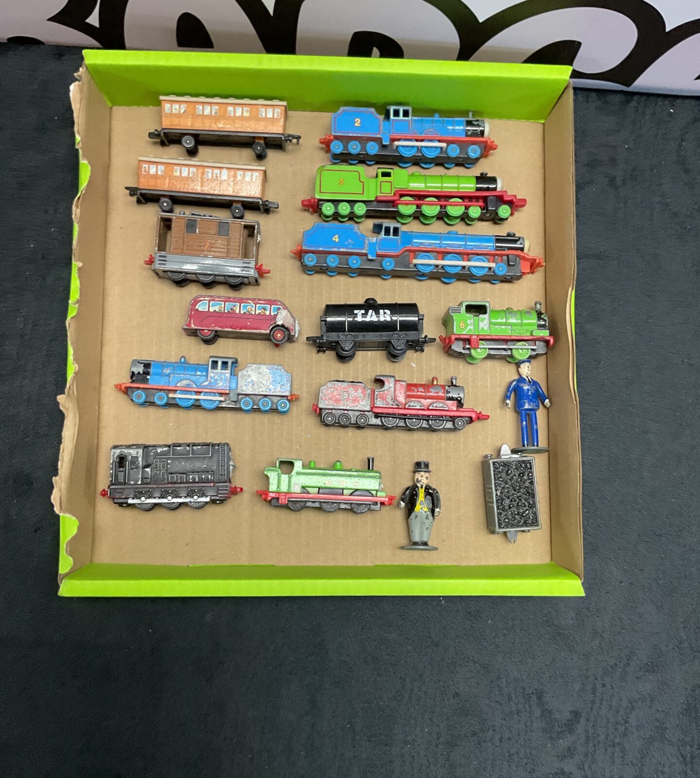 Box of vintage ertl thomas the tank engine models and figures inc fat controller