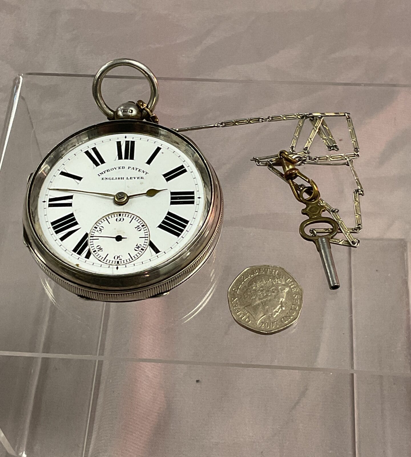 Chester hallmarked silver improved patent English lever pocket Watch needs attention