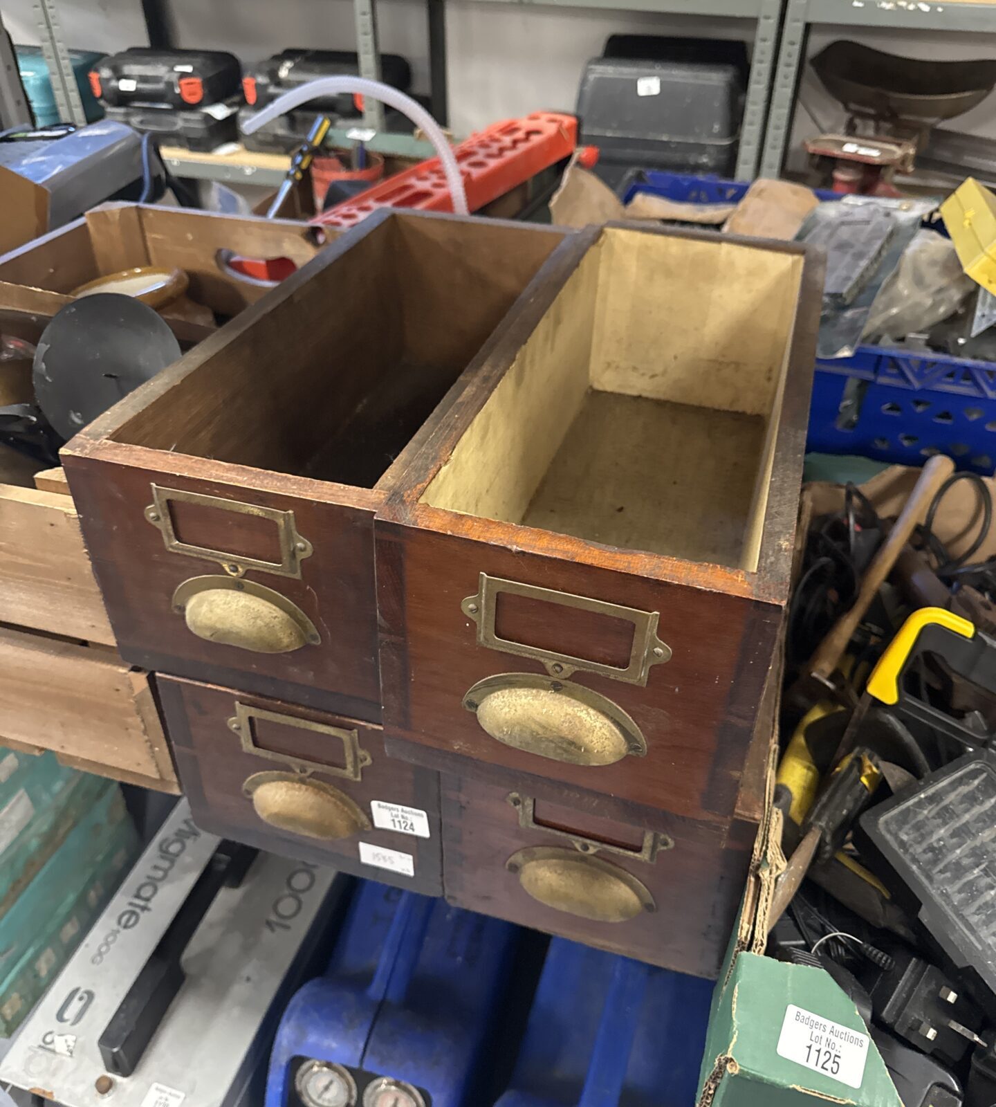 Four vintage wooden filing drawers with brass handles 18.5” length x 7.5” width x 6.5” tall