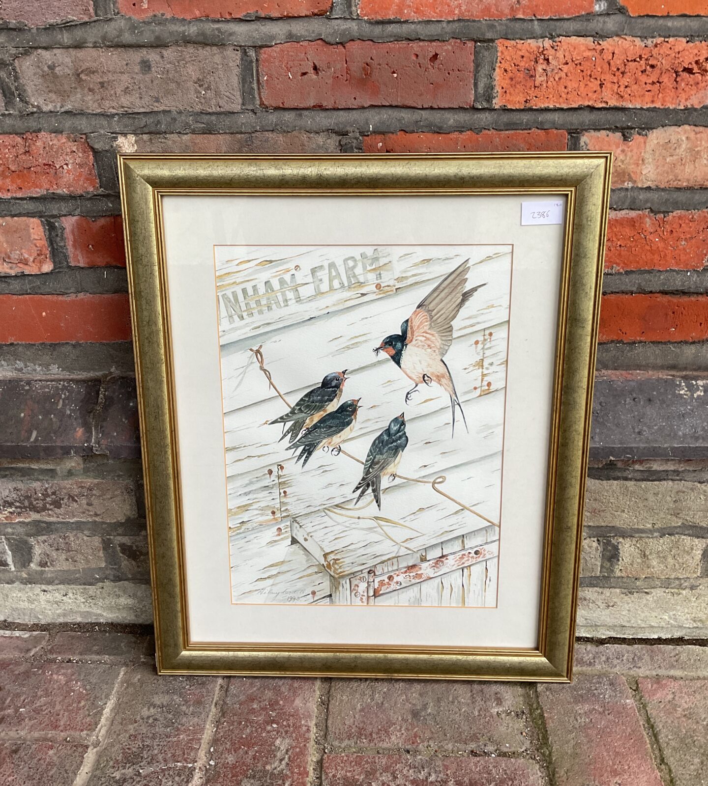 Gilt framed watercolour copy of Terrence james bond painting of barn swallows