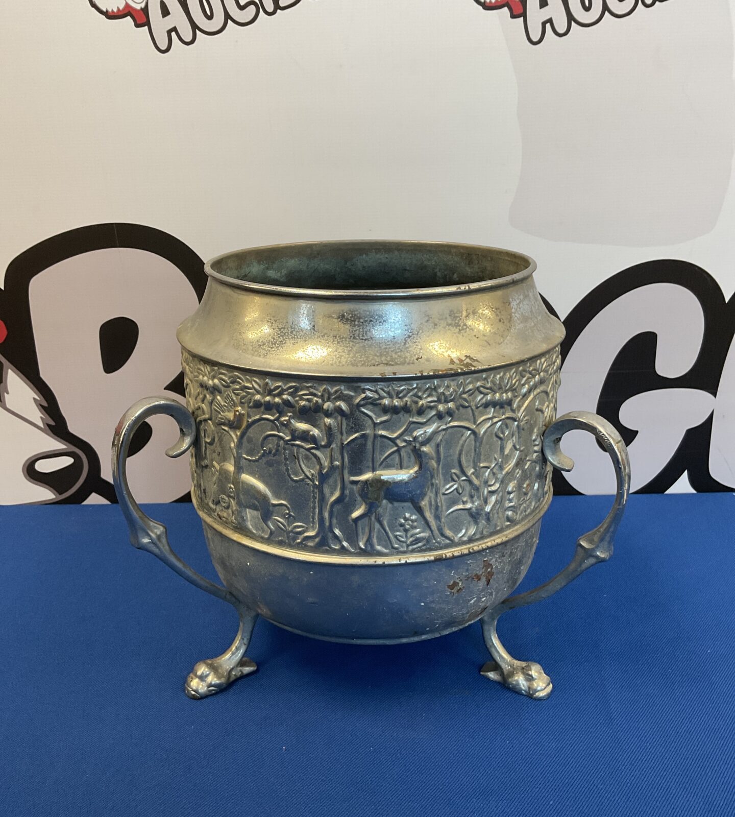 Silver plate planter with medieval style hunt scene pattern