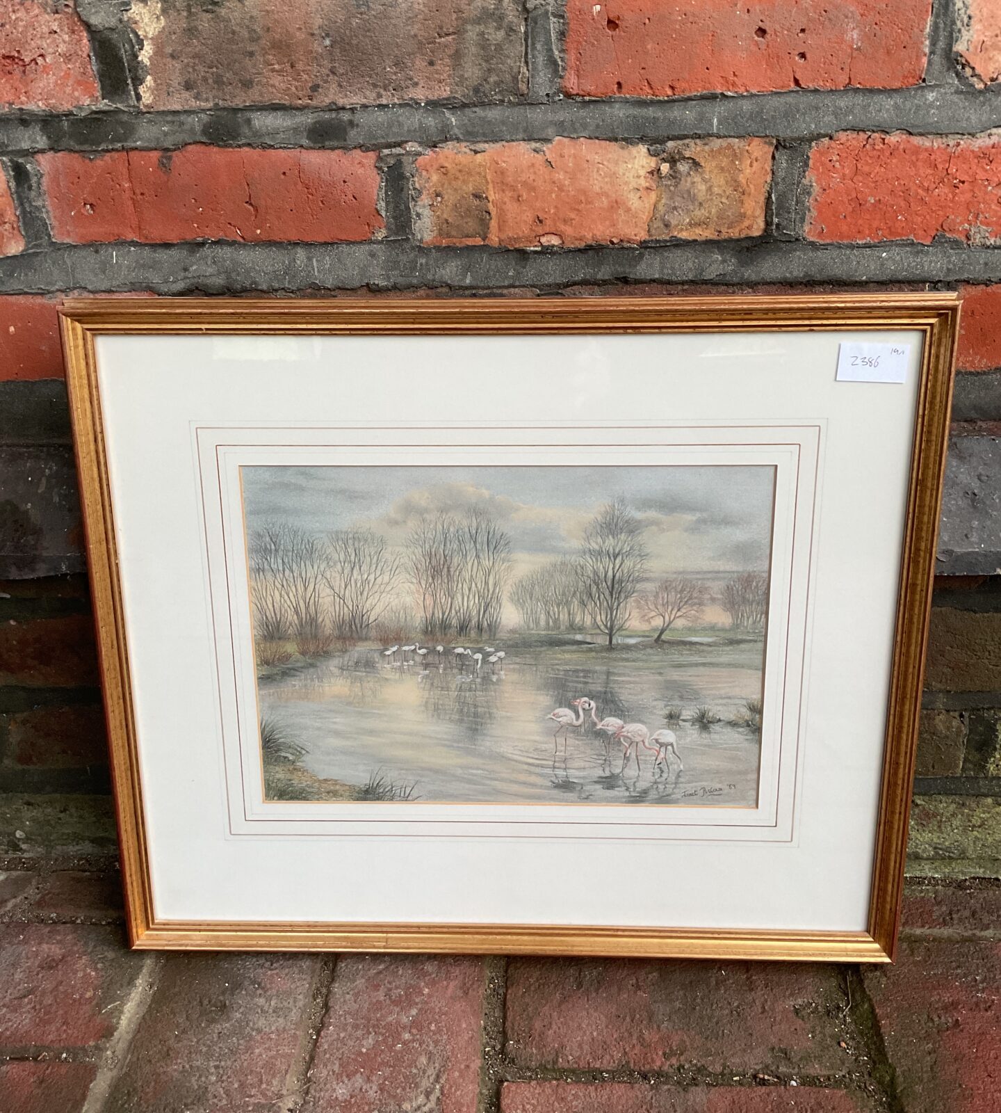 Janet pidoux framed pastel artwork of flamingos