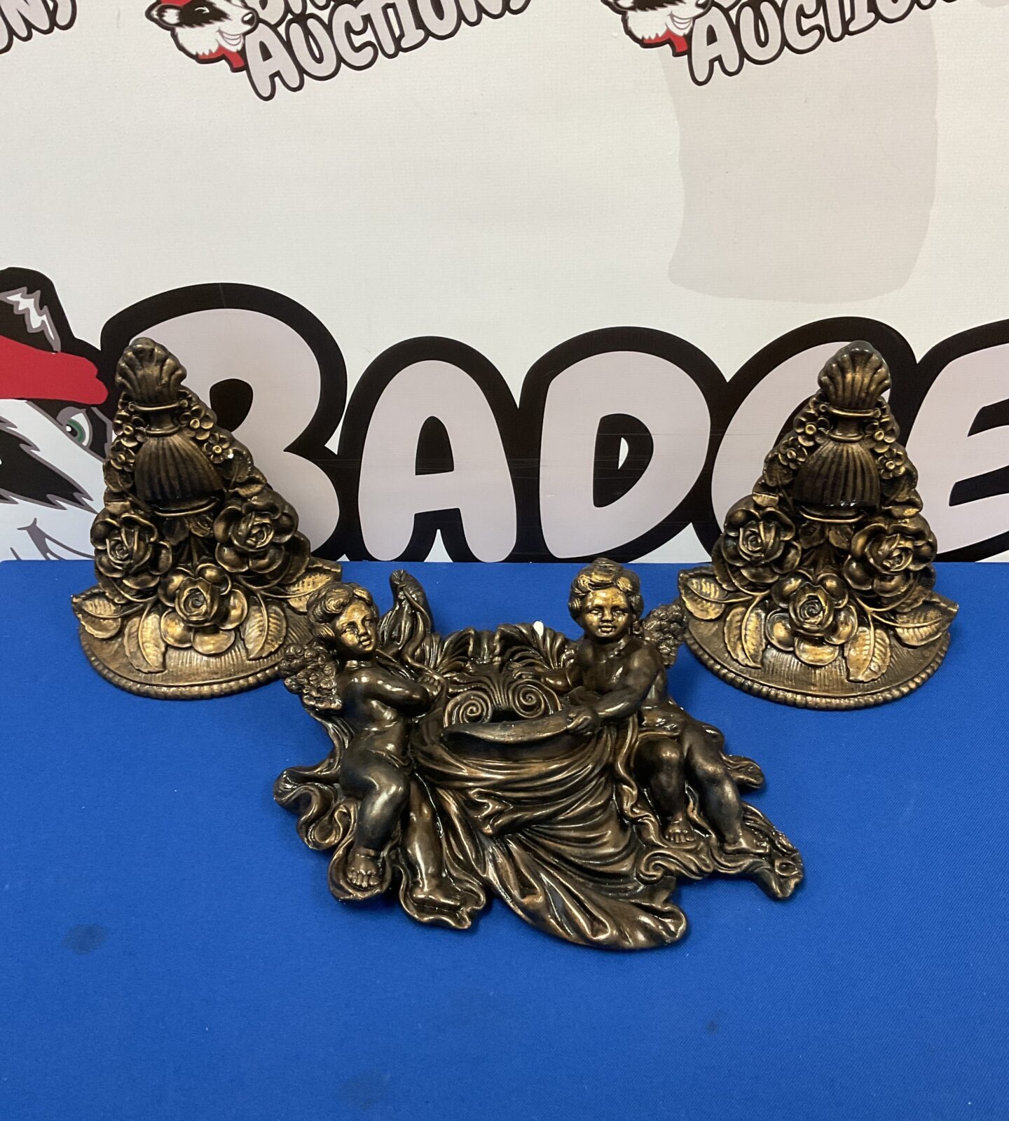 Chalk-ware cherubs & pair of wall sconces