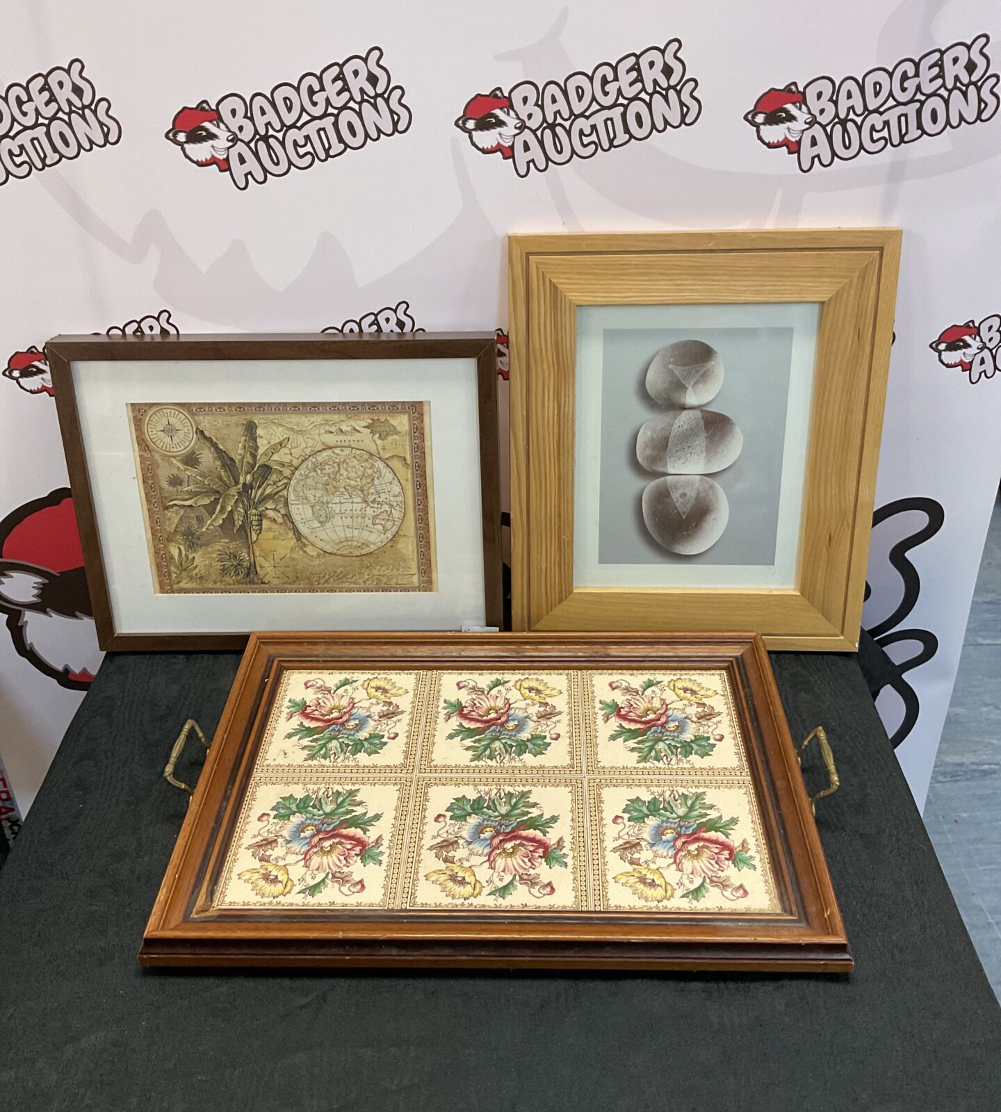 Vintage tiled serving tray & two framed prints