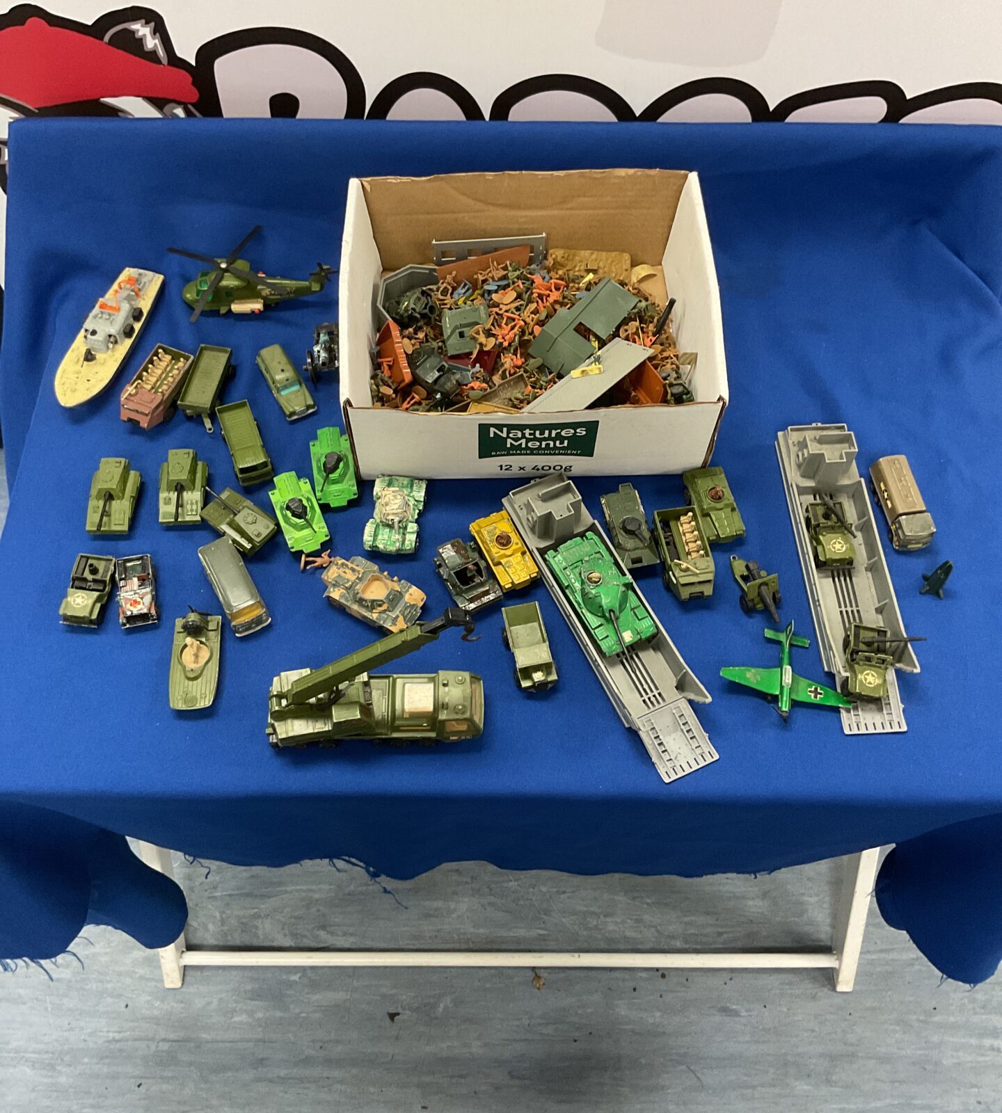 Box of military matchbox and dinky vehicles and figures