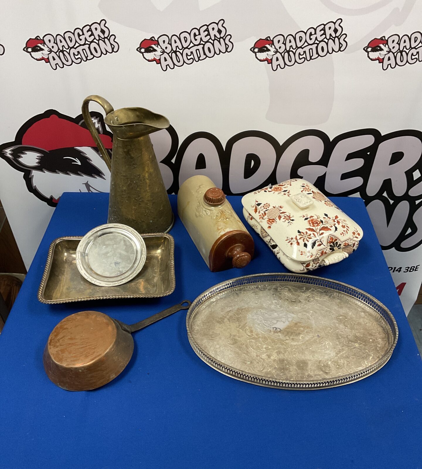 Box of mixed to include silver plate serving tray & brass pitcher