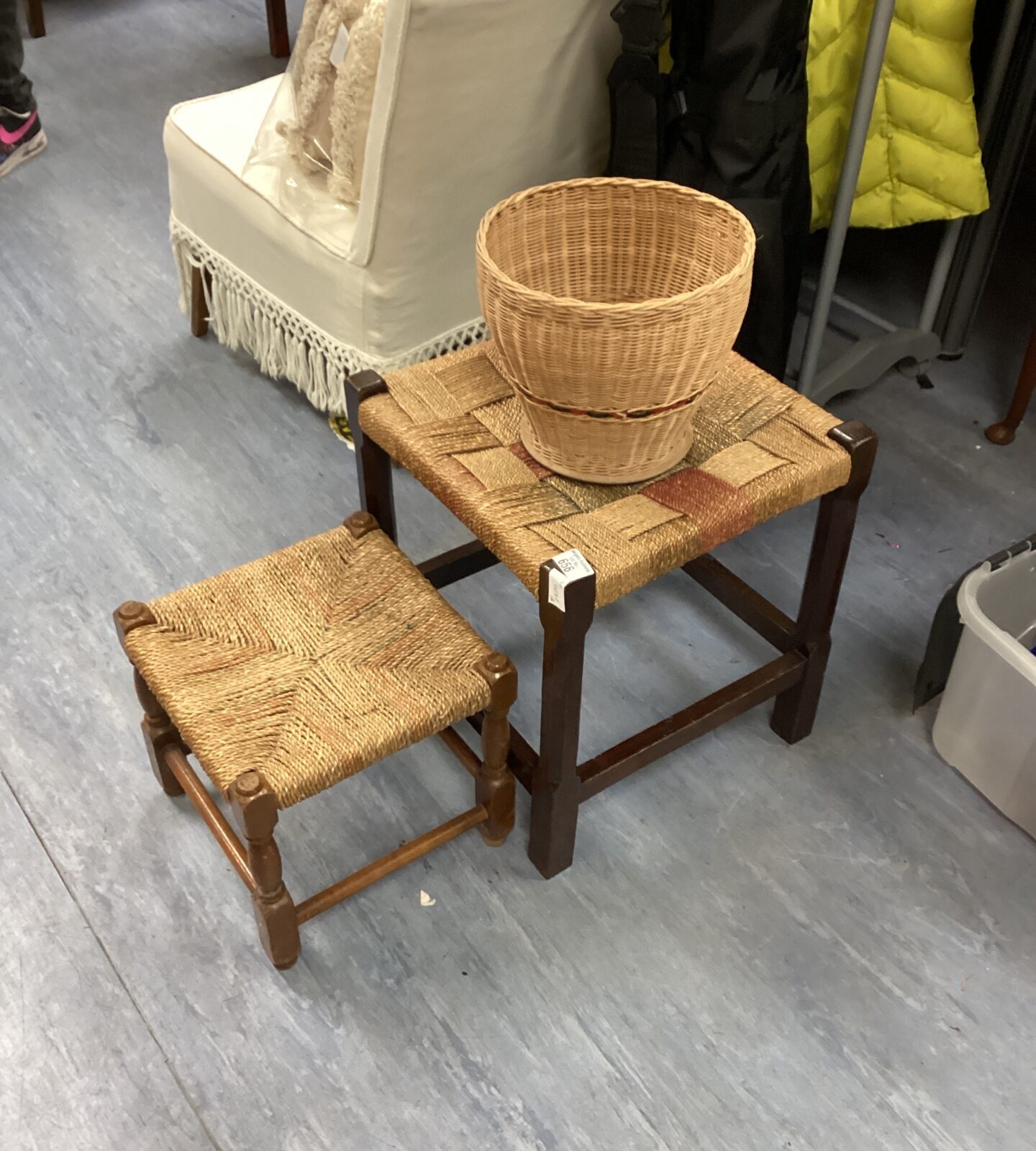 Two Ratten Stools and wicker basket