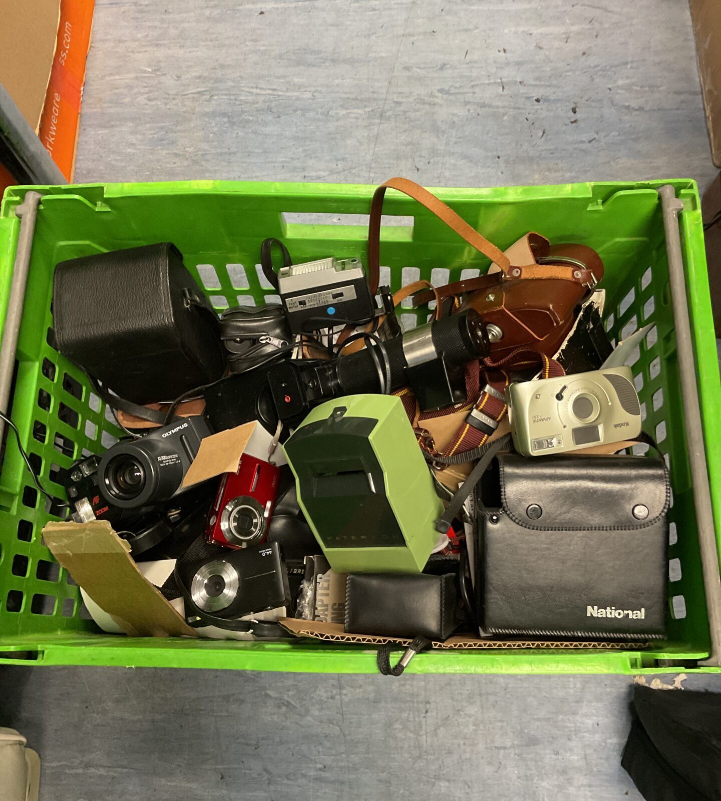 Large box of cameras & accessories