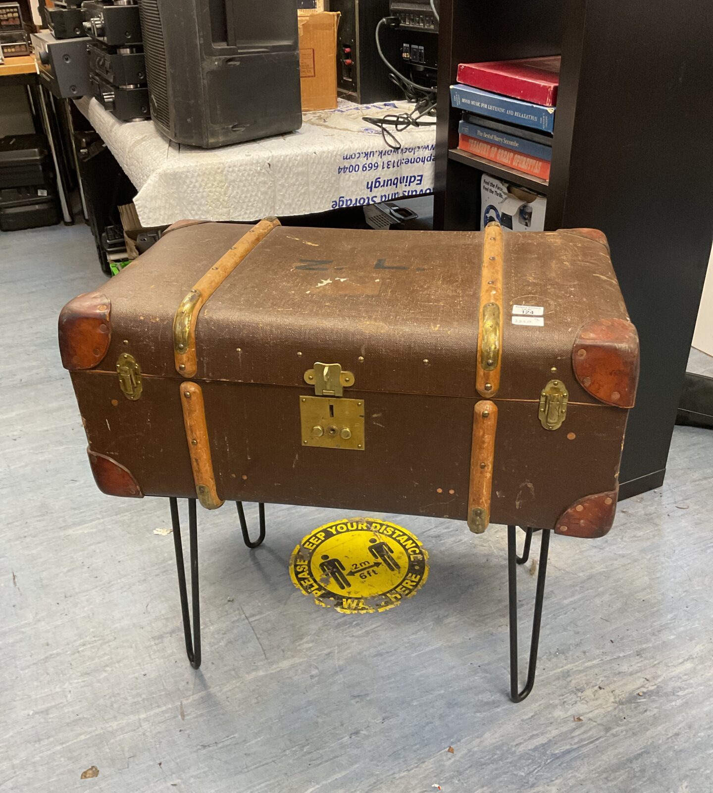 Vintage travel trunk storage table