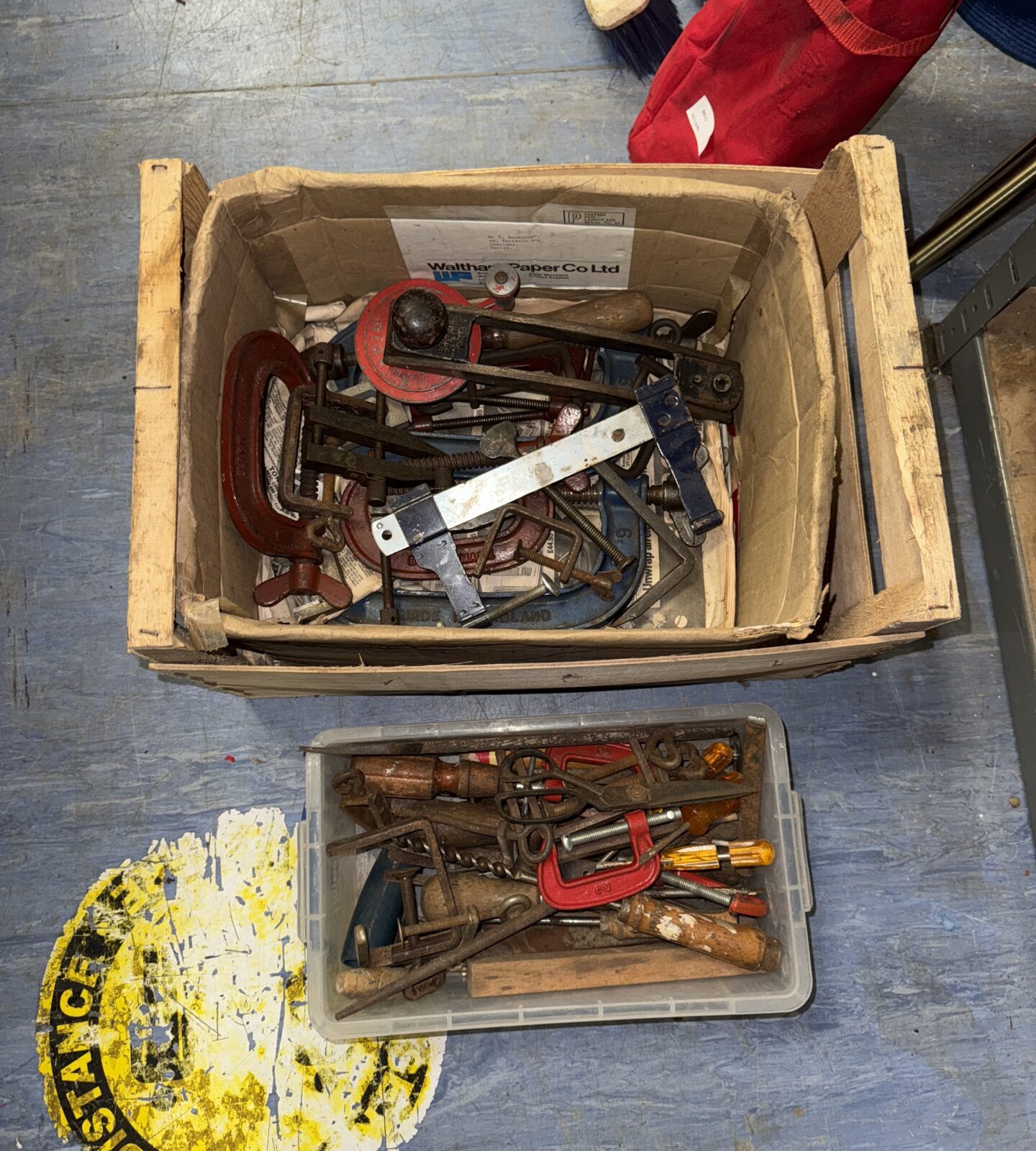 Two boxes of tools inc clamps & others