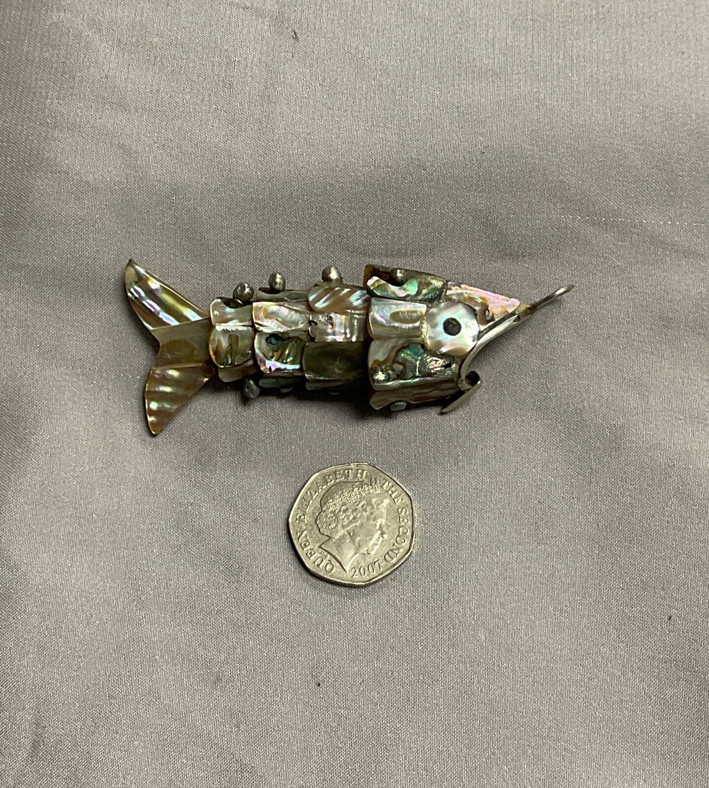 vintage 925 Silver and abalone articulated fish pendant