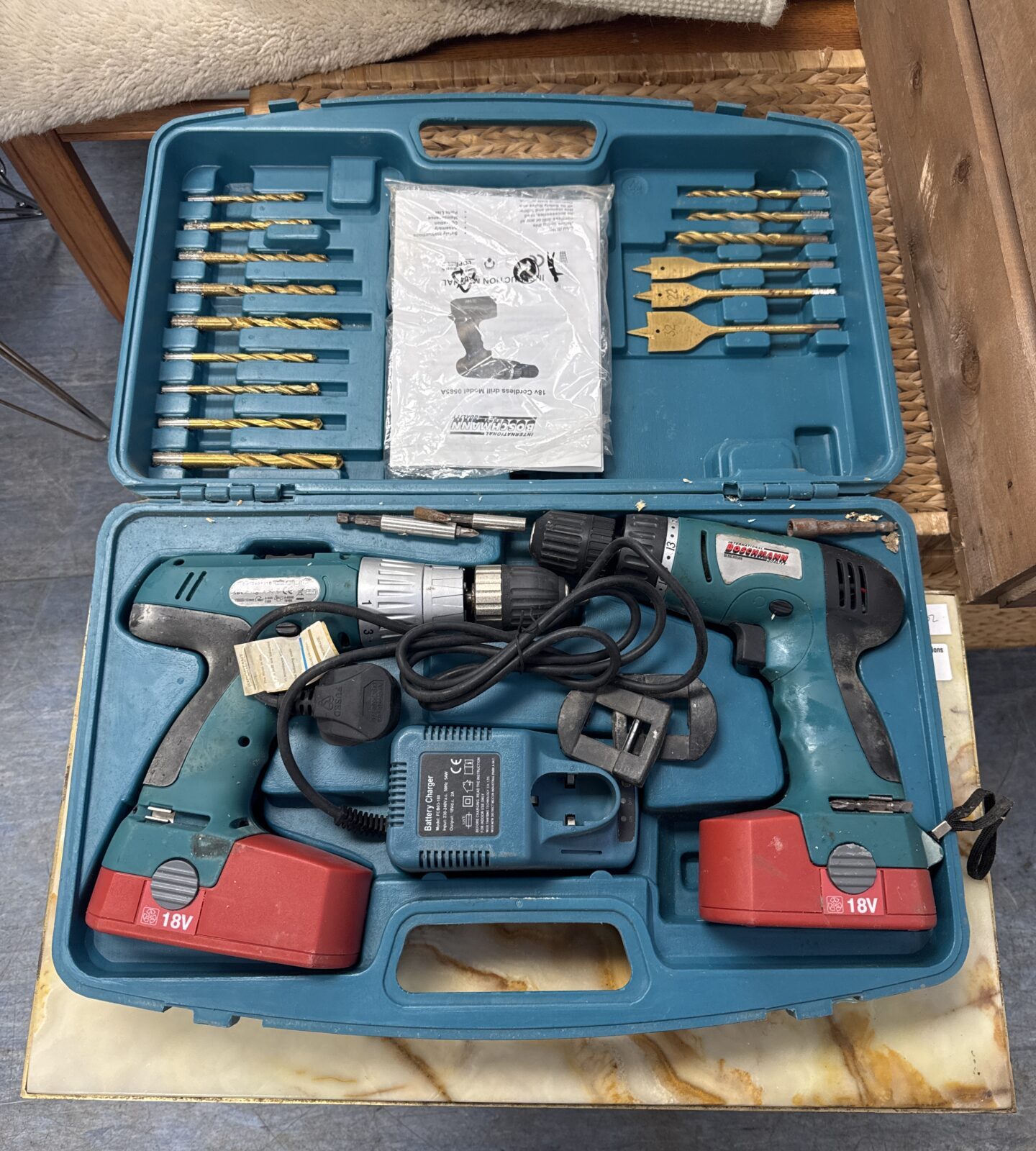 Boschmann cordless drill set with accessories - untested, batteries flat