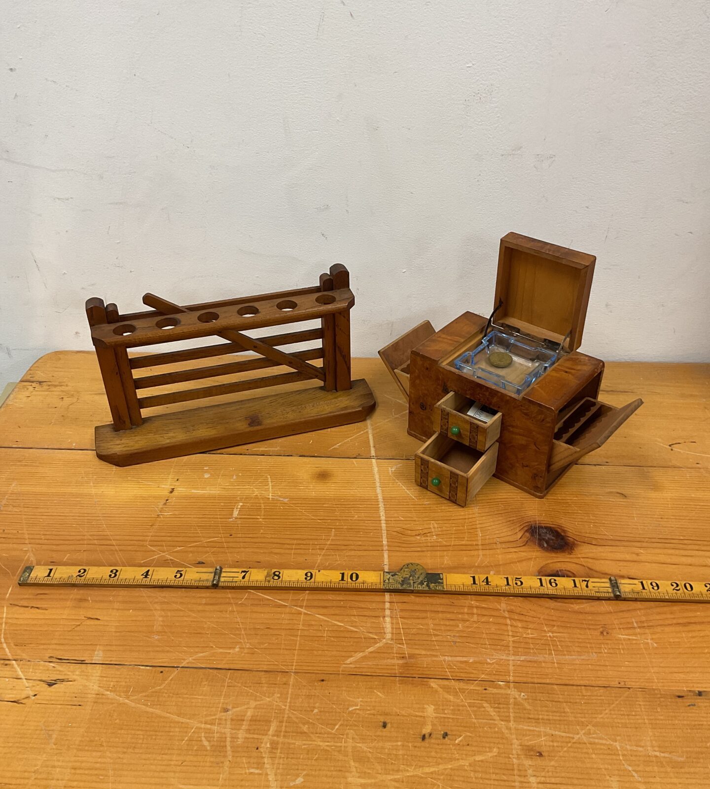 Art deco burr walnut cigarette box with ash tray and 5 Bar gate pipe rack