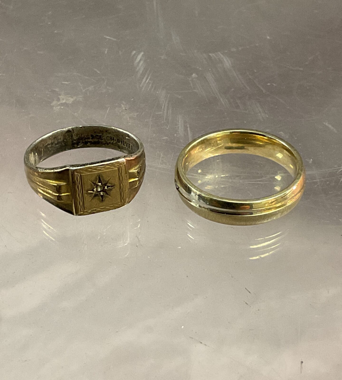 Two 925=Silver Gilt Rings sizes Q S