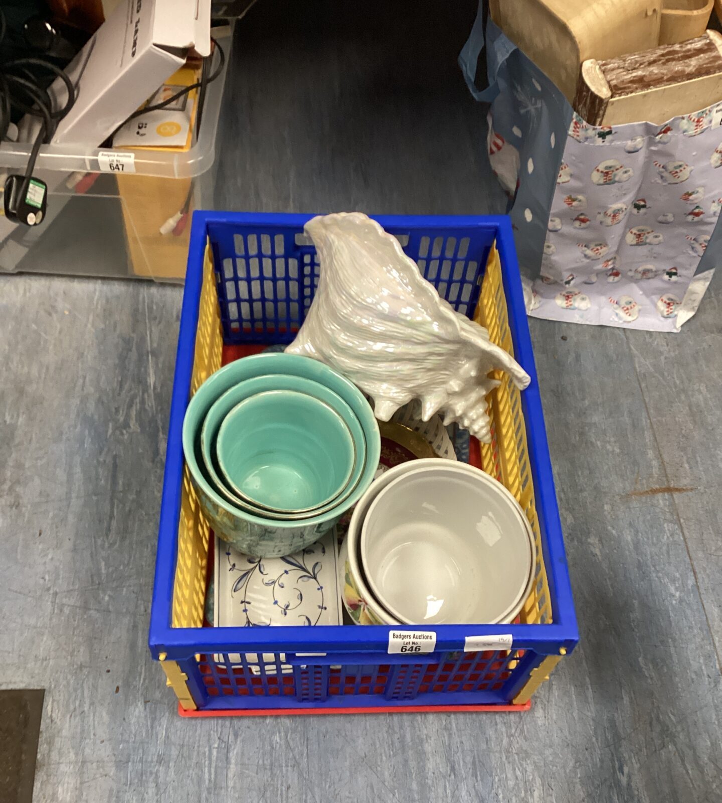 Box of mixed flower pots and shell